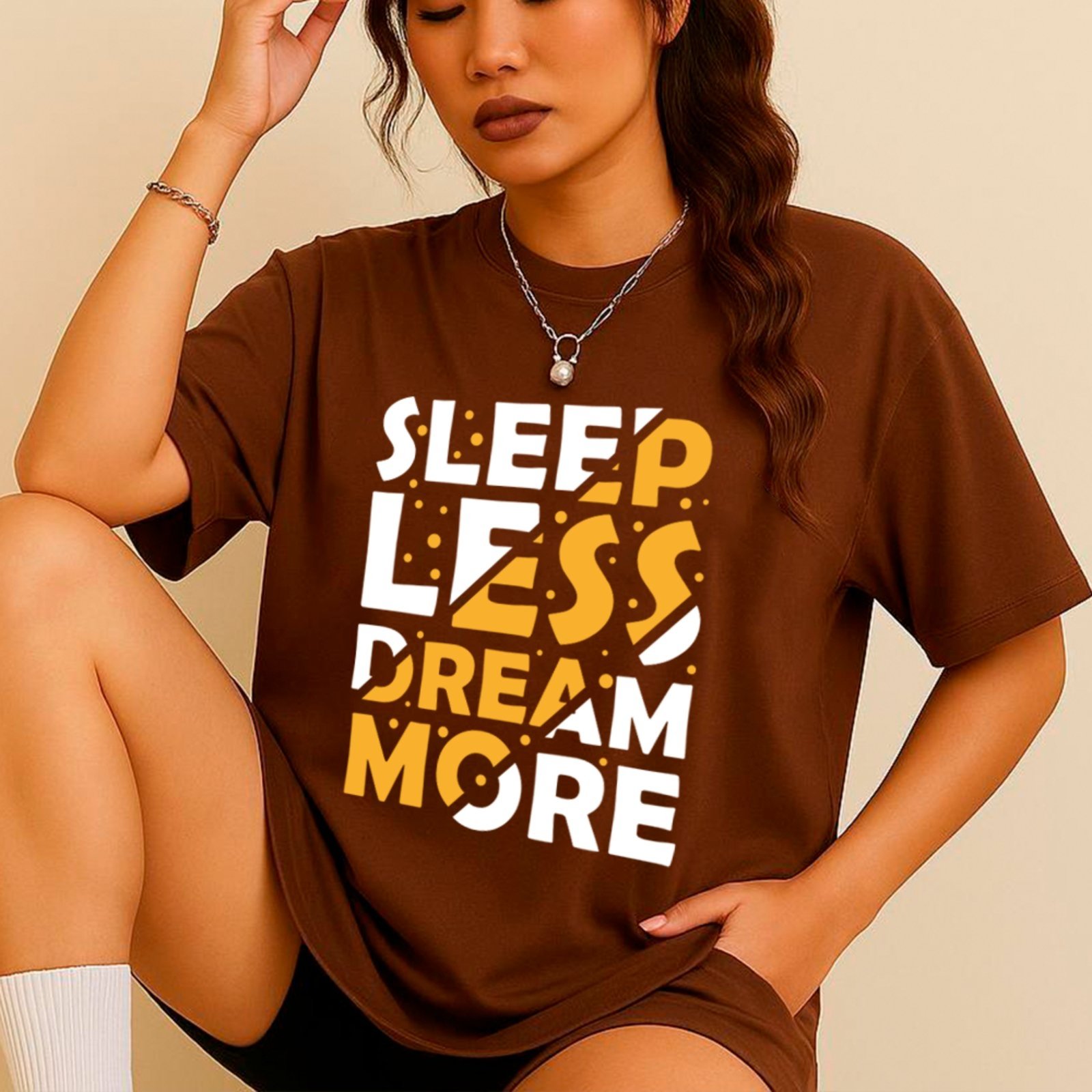 Camiseta Ousy Unissex Sleep Less Dream More Básica Marrom