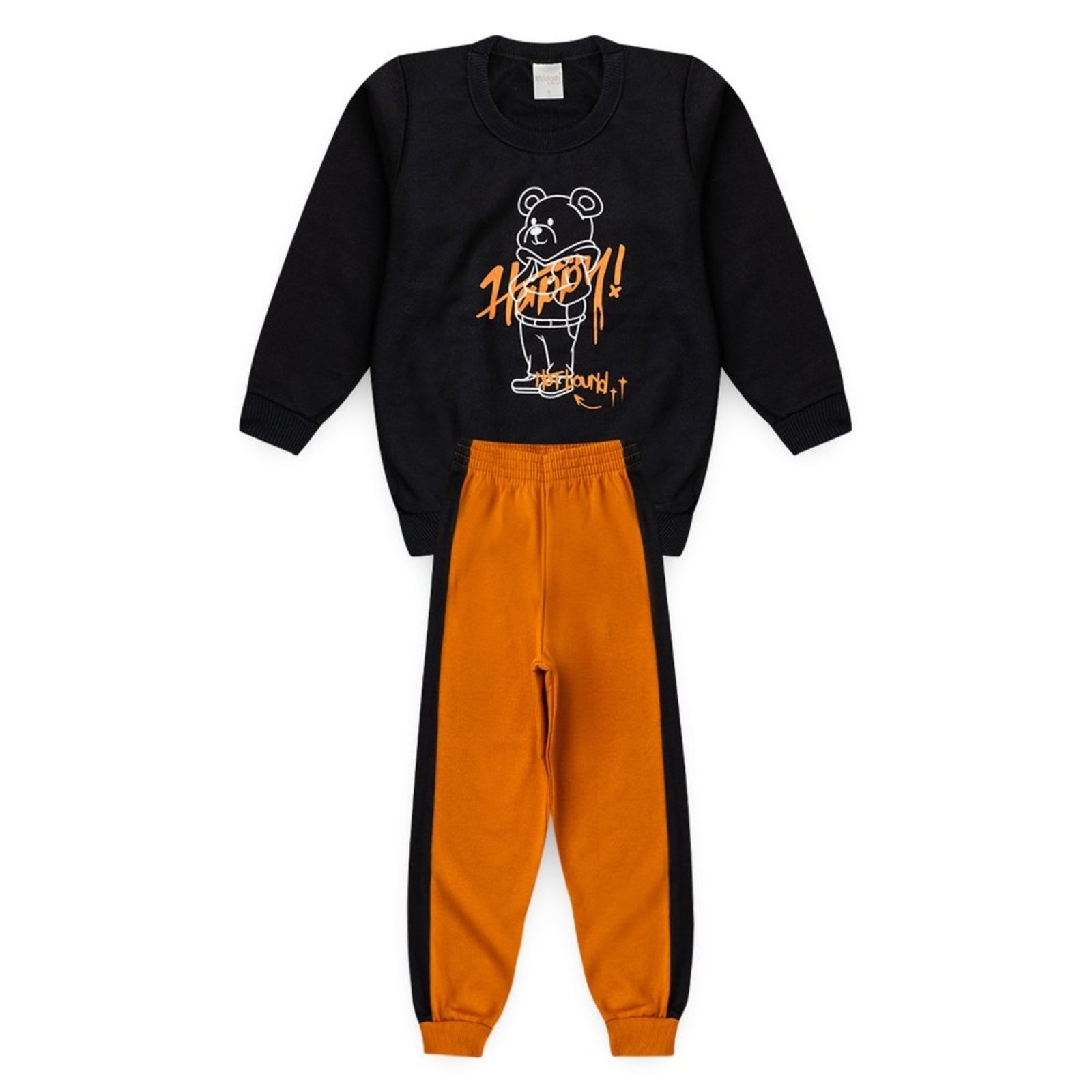 Infantil - Conjunto Inverno Menino Preto Blusão e Calça com Recorte em Moletom Happy Bear
