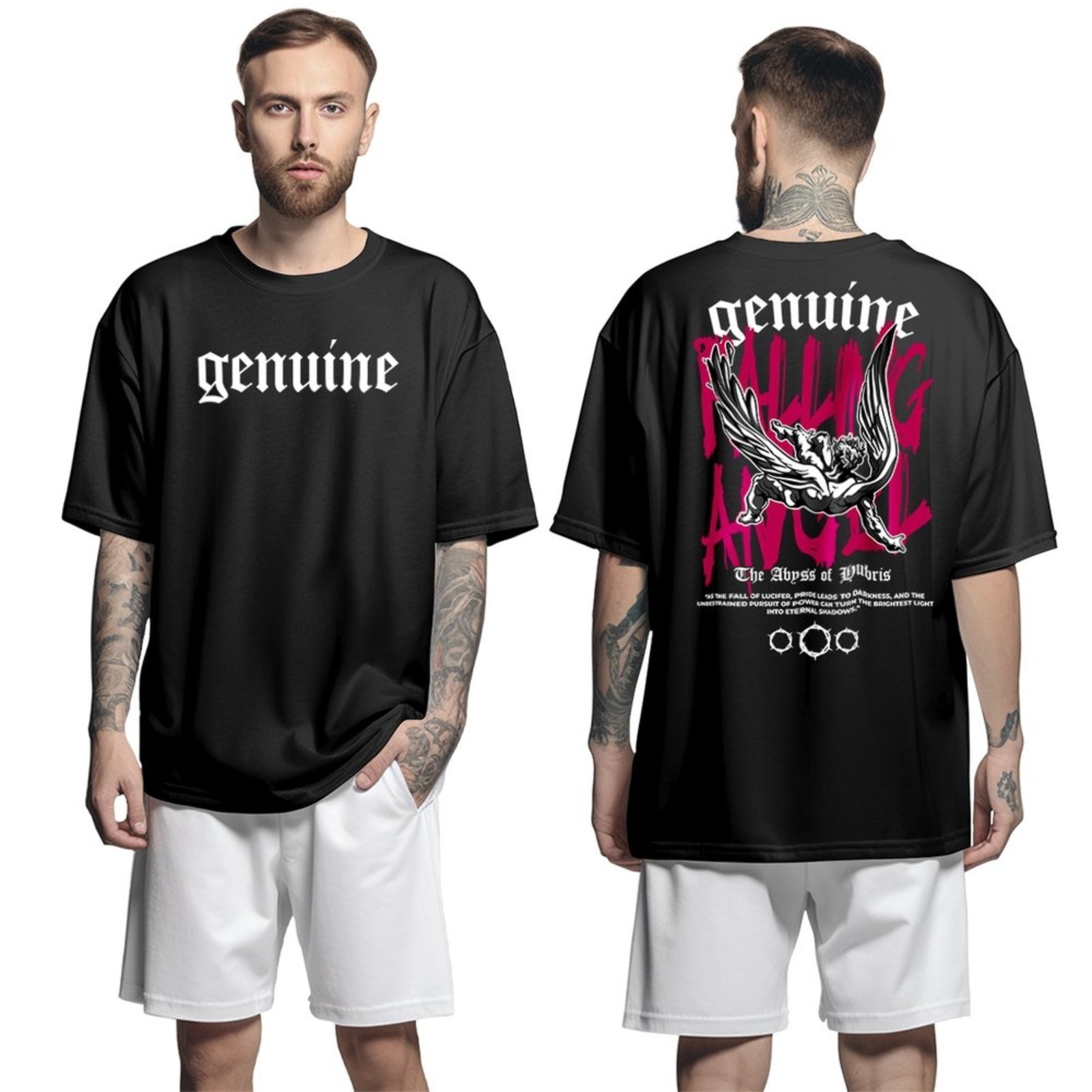 Camiseta Oversized Streetwear Genuine Grit Masculina Larga 100% Algodão 30.1 Falling Angel – Preto – P