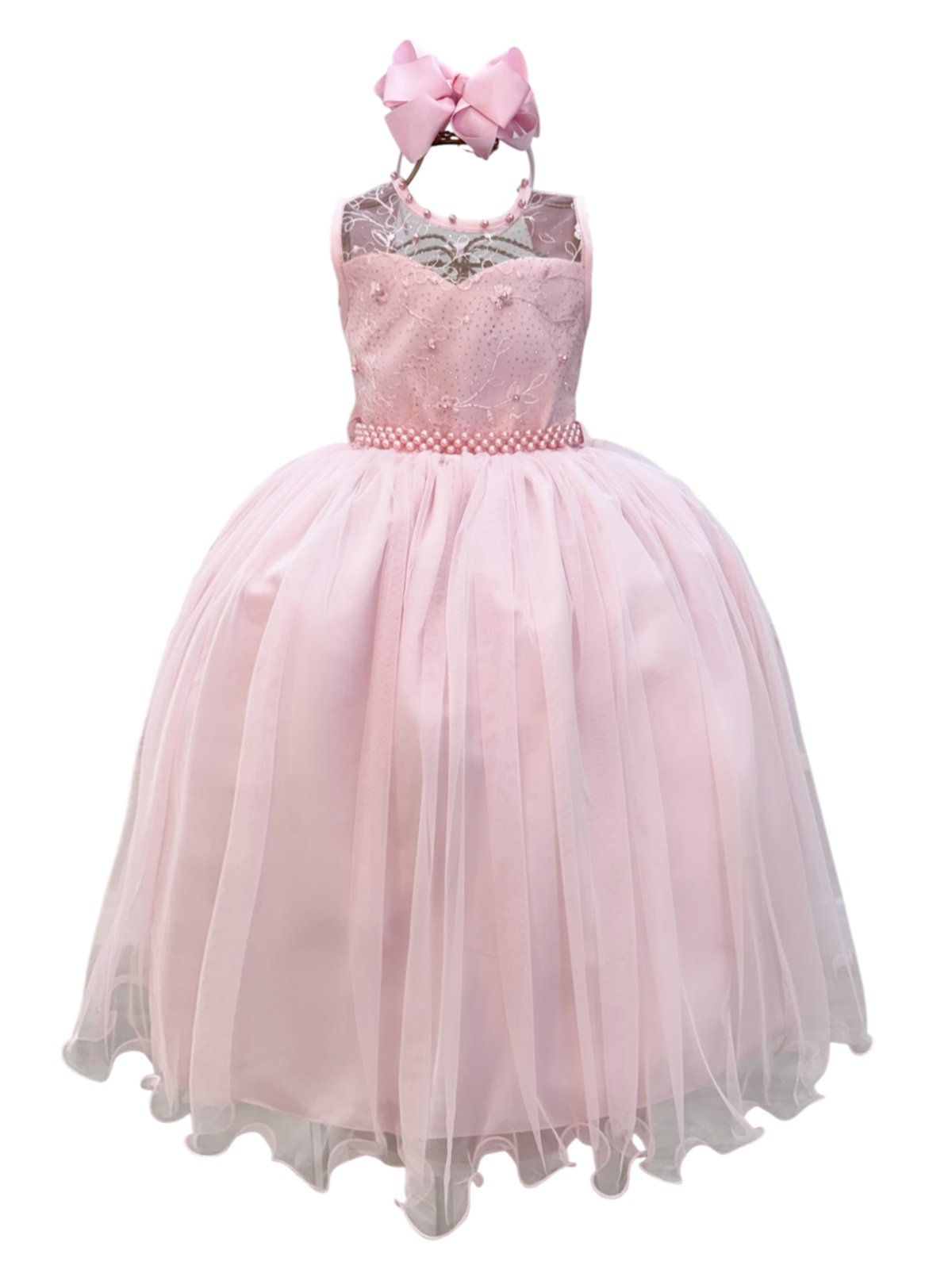 Infantil - Vestido Longo Renda Social Rosa Claro Formatura Luxo Festa Casamento Pérolas Laço Dama Daminha Menina Juvenil Juvenil Princesa Rodado Florista Aniversário