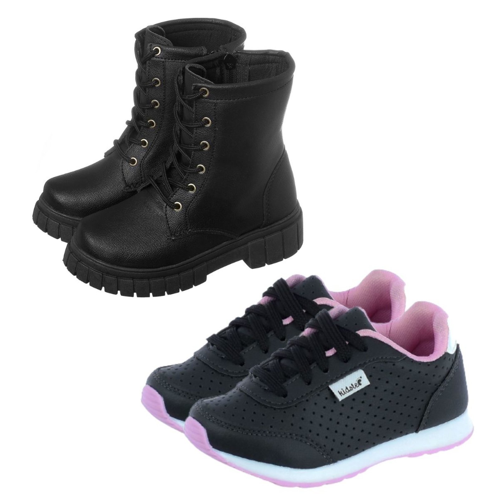 Infantil – Kit 2 Pares Tênis Feminino Preto Rosa e Coturno Tratorado Preto
