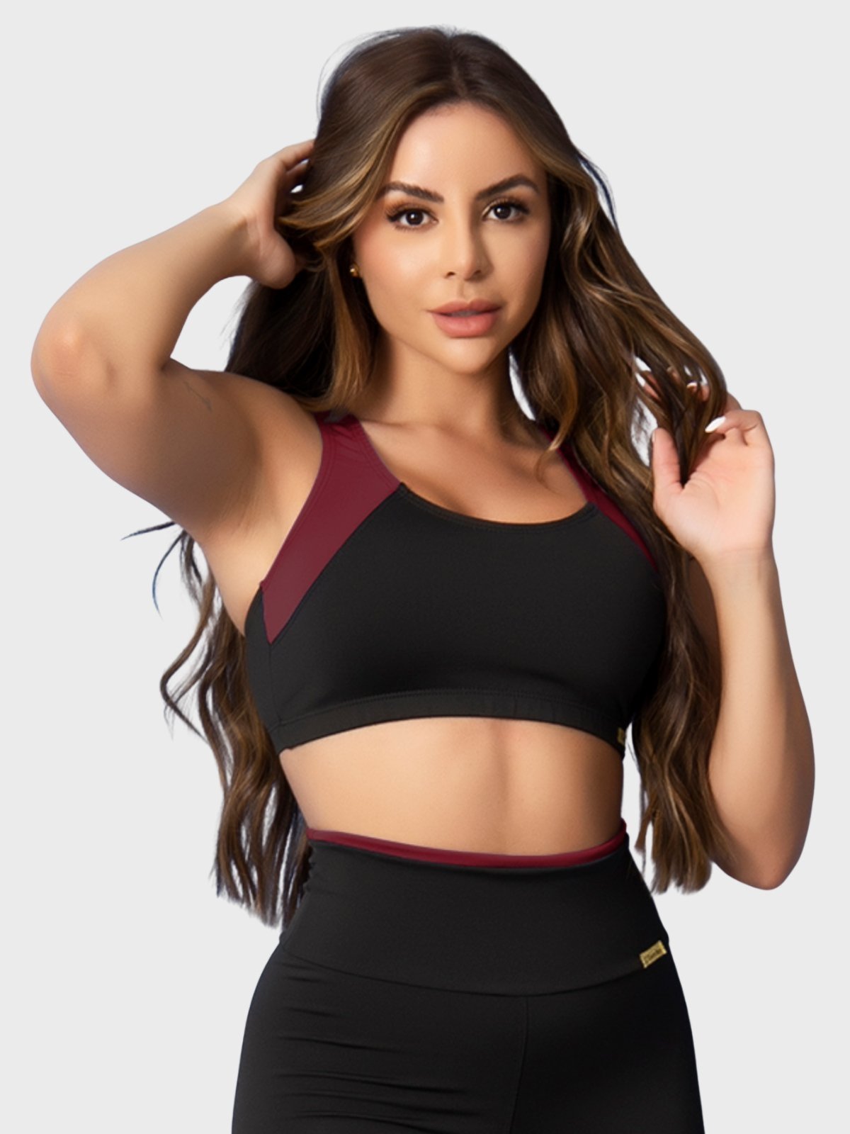 Top Fitness Tarelles Alça Larga Forrado Preto e Bordô
