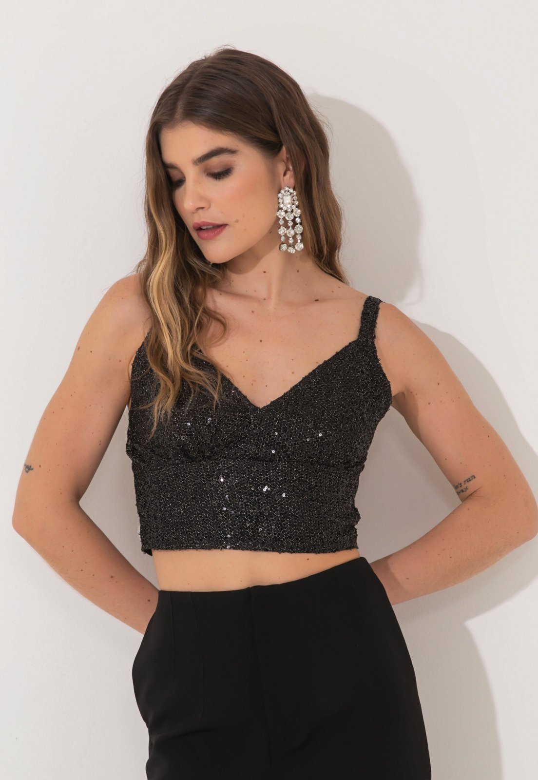 Cropped Traymon Paetê Preto