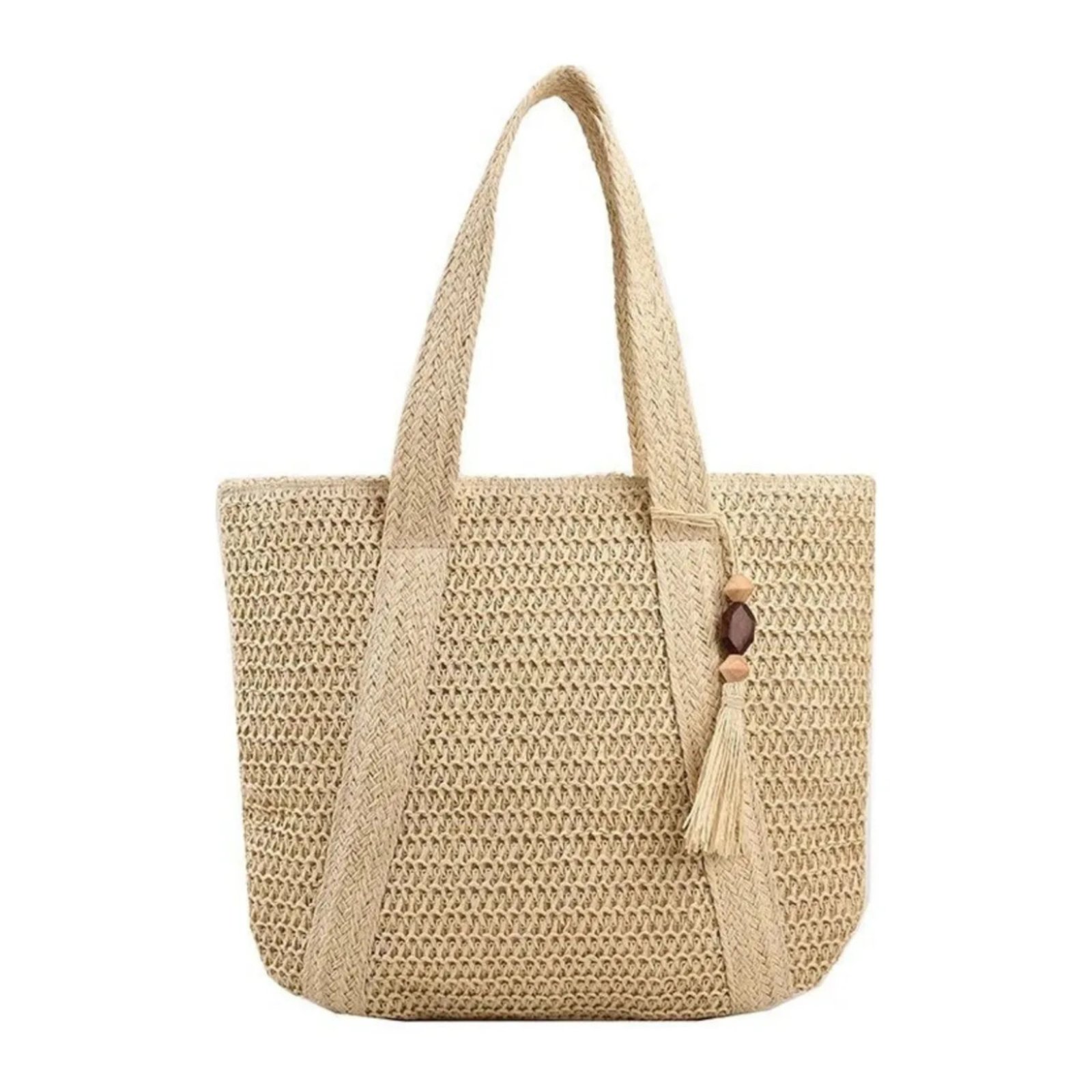 Bolsa Moda Praia Piscina Ombro Zíper Feminina Palha Grande - Bege