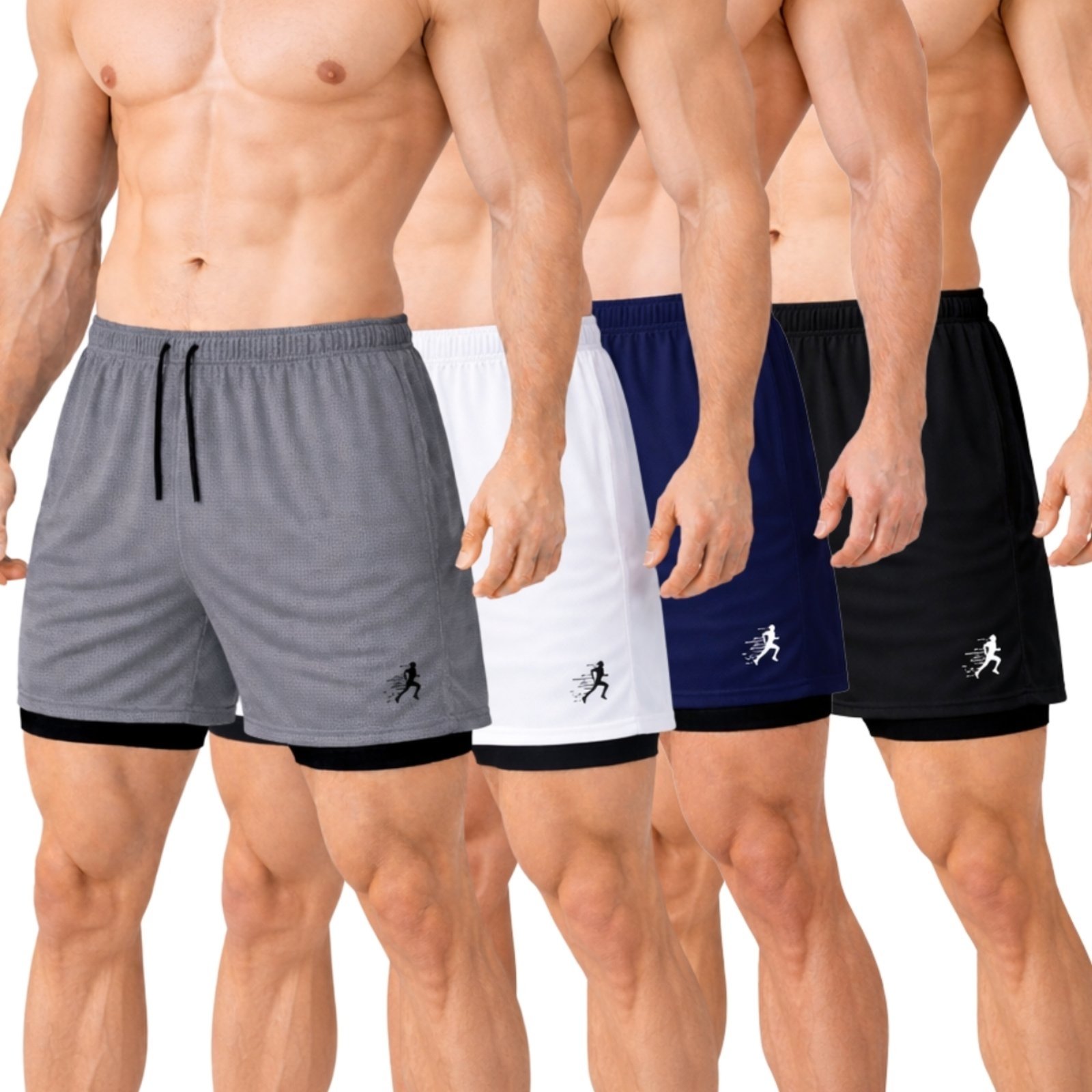 Kit 4 Short Treino Dry Fit Térmico 2 em 1 Estampado com Bolso para Celular e Porta-Toalha Calção Fitness Academia