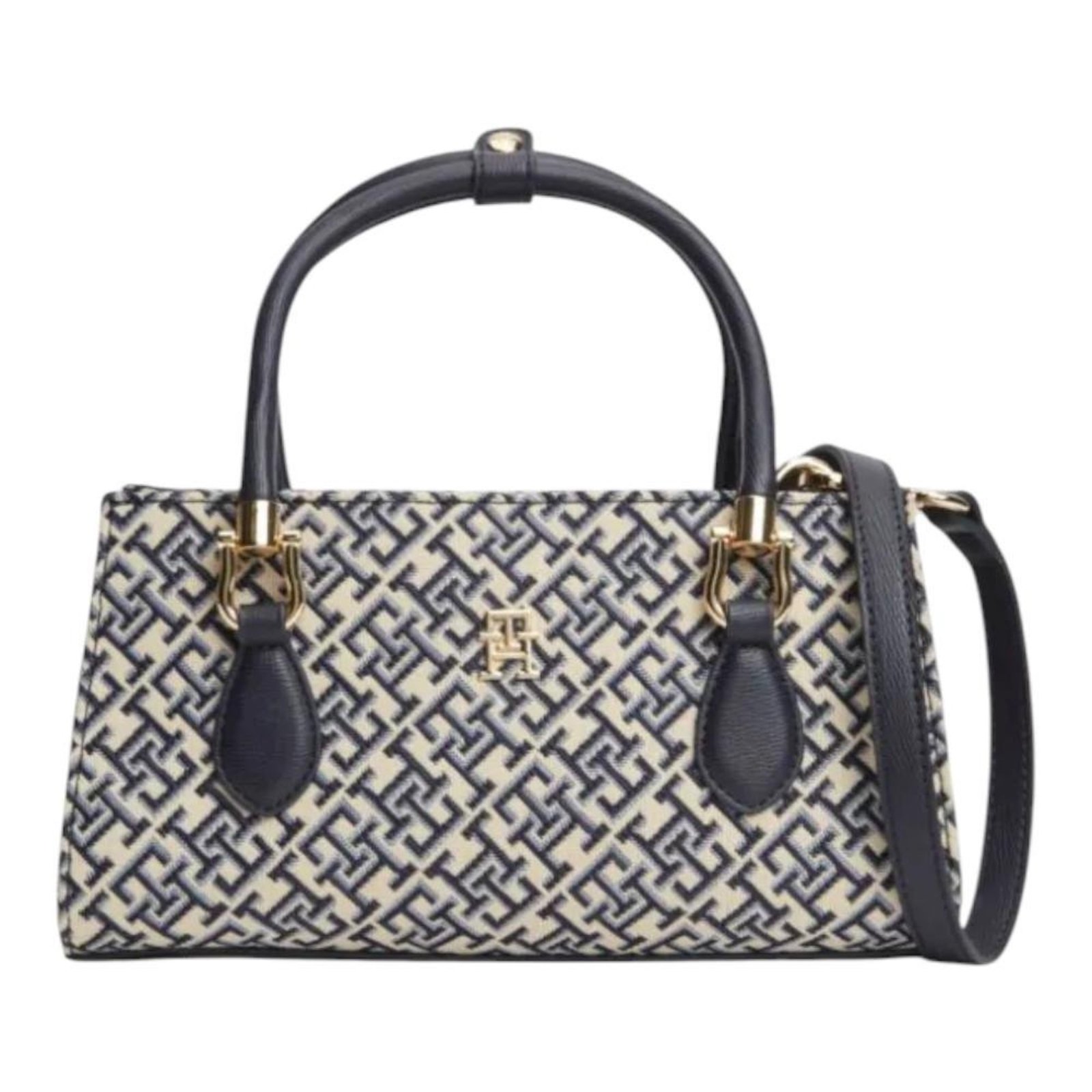 Bolsa Tommy Hilfiger GraceSatchel Jacquard Preto e Bege