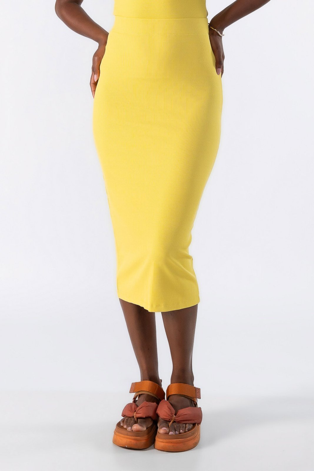 Saia midi canelada Amarelo