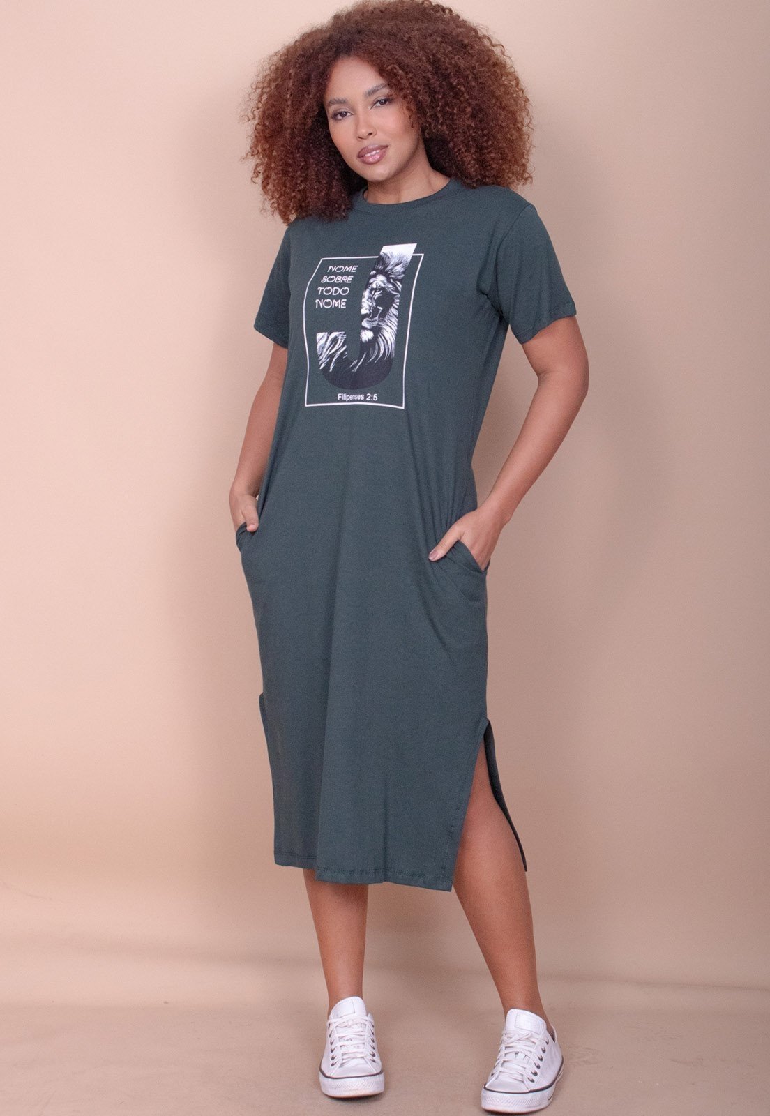 Vestido Cabanafree Midi Algodão Manga Curta Moda Evangélica Verde Musgo