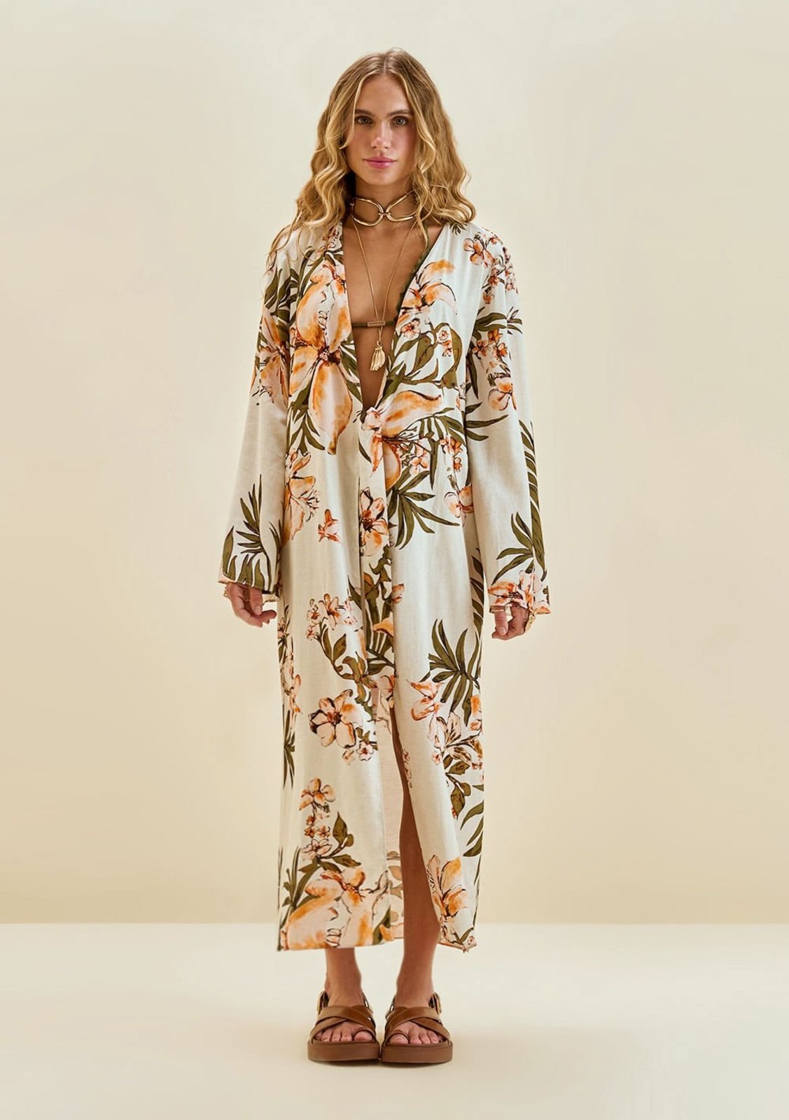 Vista 3 Vestido Morena Rosa Solto Decote V Manga Longa Midi Off Off-white Morena Rosa off-white rosa