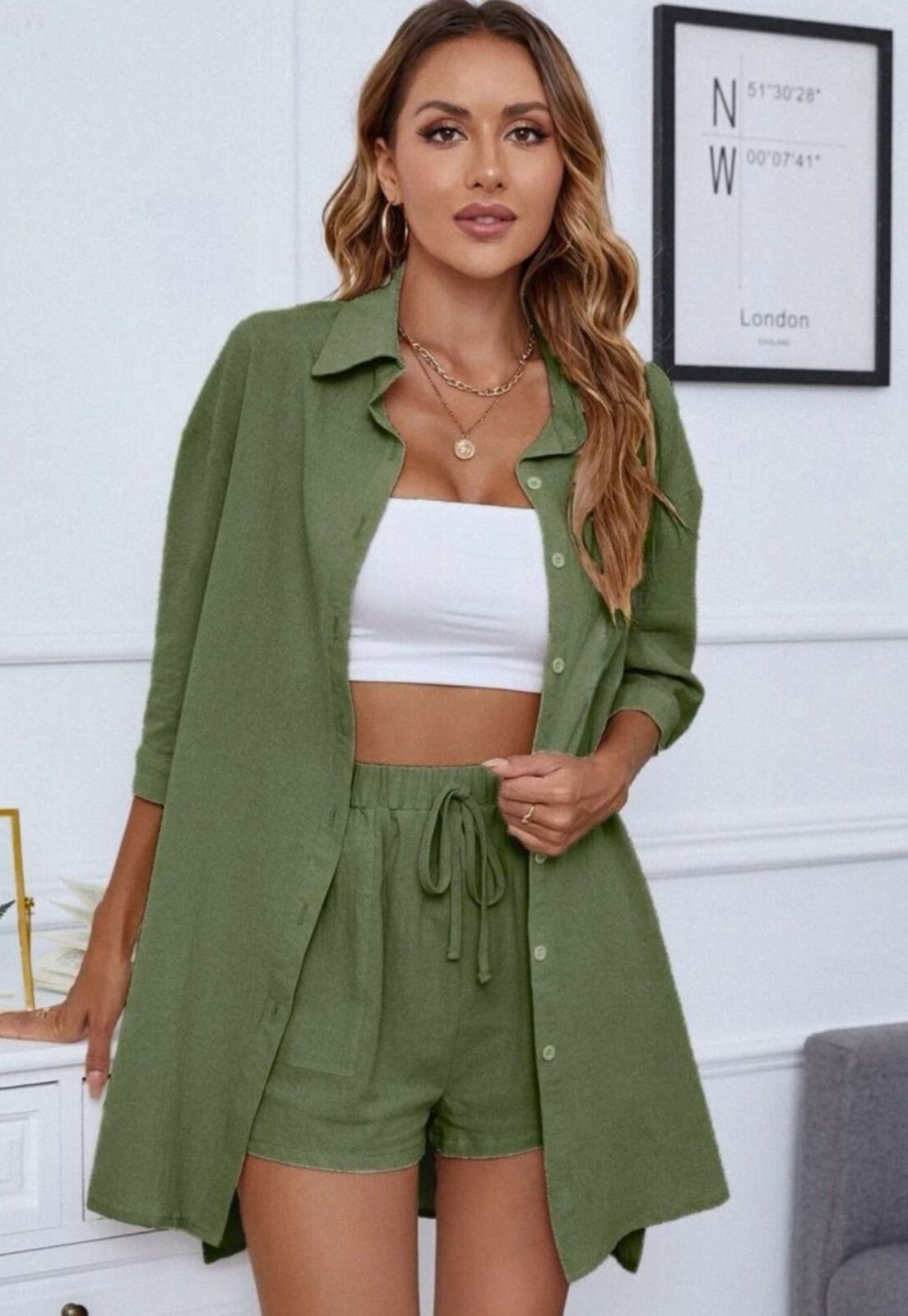 Conjunto De Linho Levosch Camisa e Shorts Verde Militar