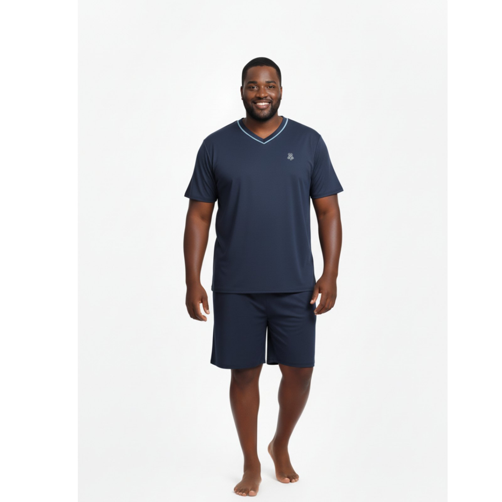 Pijama Masculino Plus Size Adulto Curto Verão Malha Fria Calor Manga Curta G1 G2 G3 G4 48 50 52 54 Conforto Gola V Homen Mechler Marinho