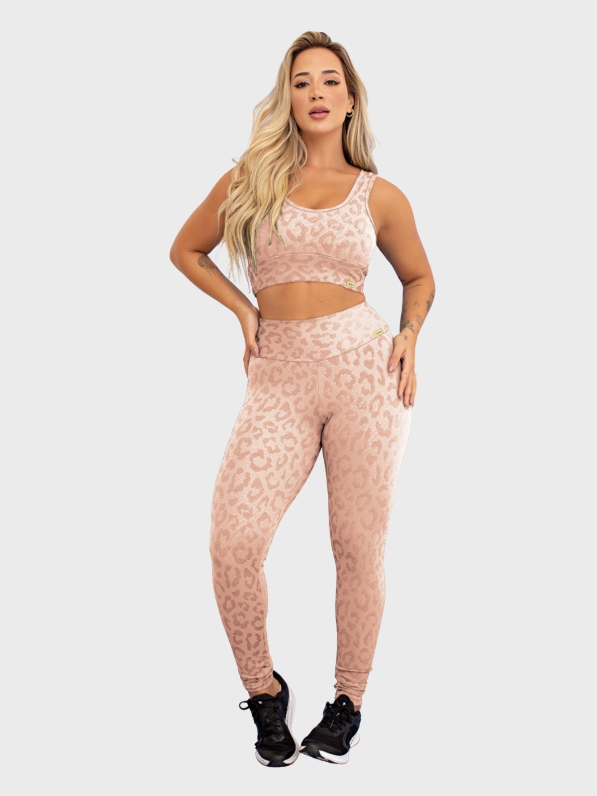 Conjunto Fitness Tarelles Top Calça Legging Textura Onça Creme