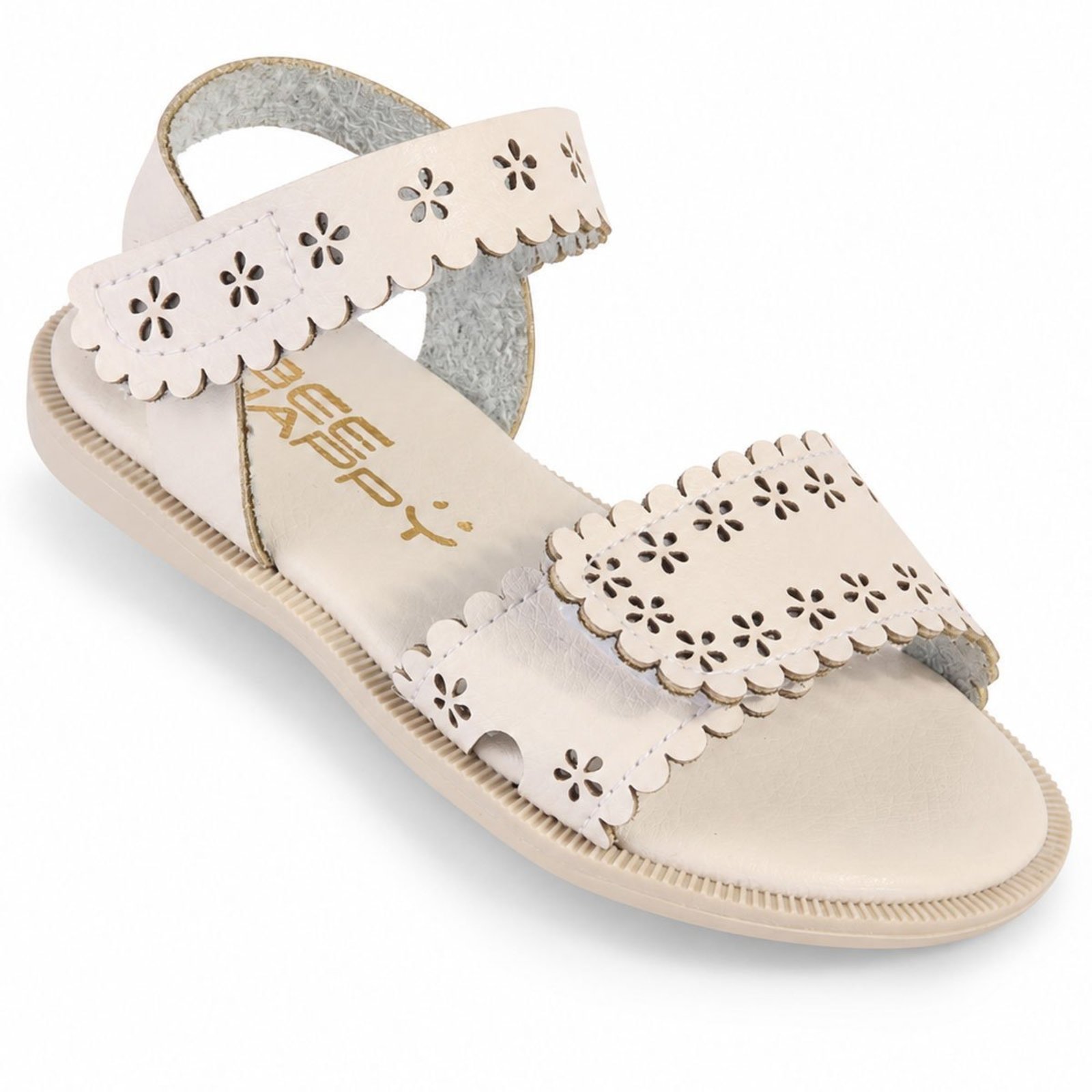 Infantil - Sandália Rasteira Menina Bee Happy Off-White com Recortes a Laser e Tira autocolante