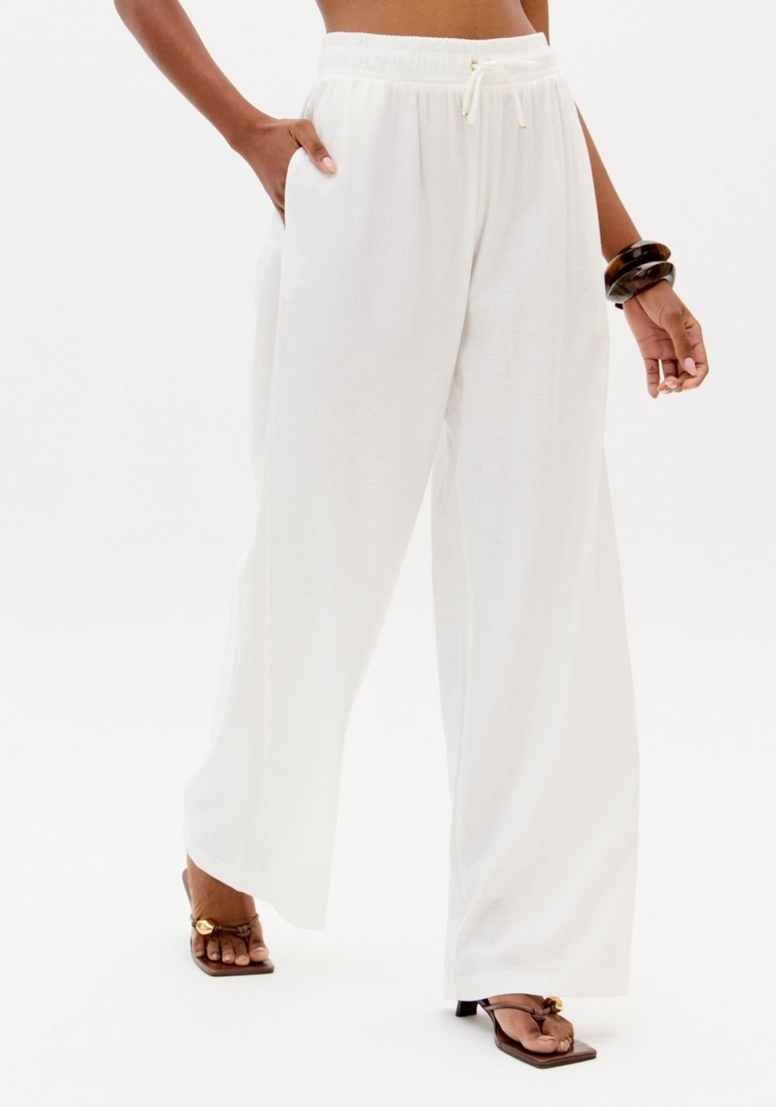 Vista 3 Calça Wide Leg Cós Elástico Com Linho Lança Perfume branco Lança Perfume branco