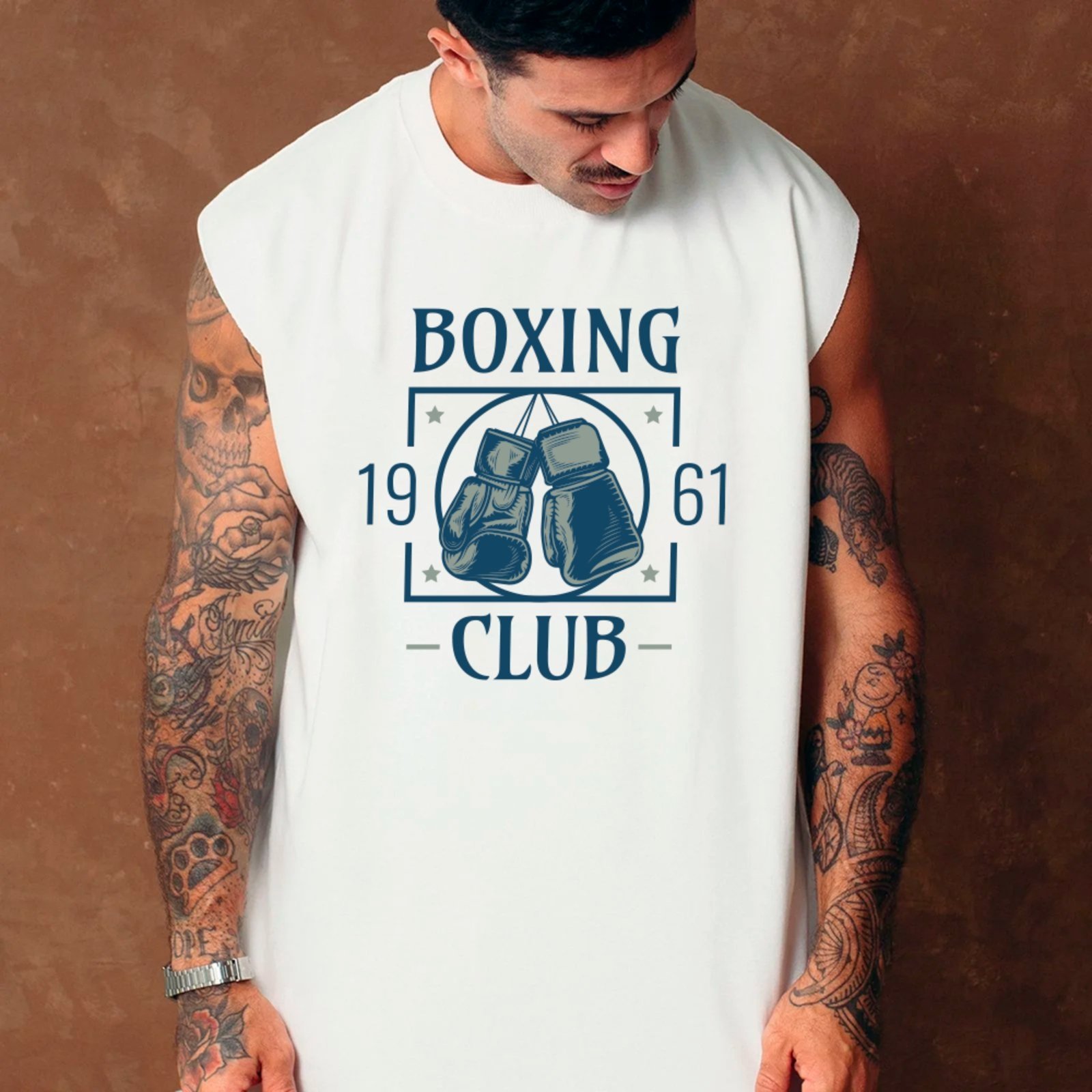 Camiseta Regata Machão Ousy Boxing Club 1961 Estilo Retrô Academia Oversized Masculina Branco