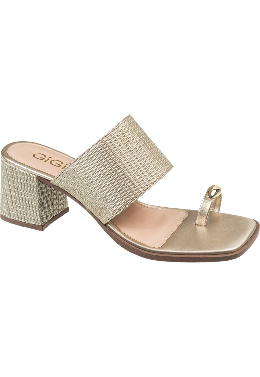 Vista 2 Sandália Feminina Tamanco GiGiL Tira Larga Anel de Dedo Detalhe Metalizado Ring Toe Salto Bloco Elegante caramelo/castanho Gigil caramelo/castanho