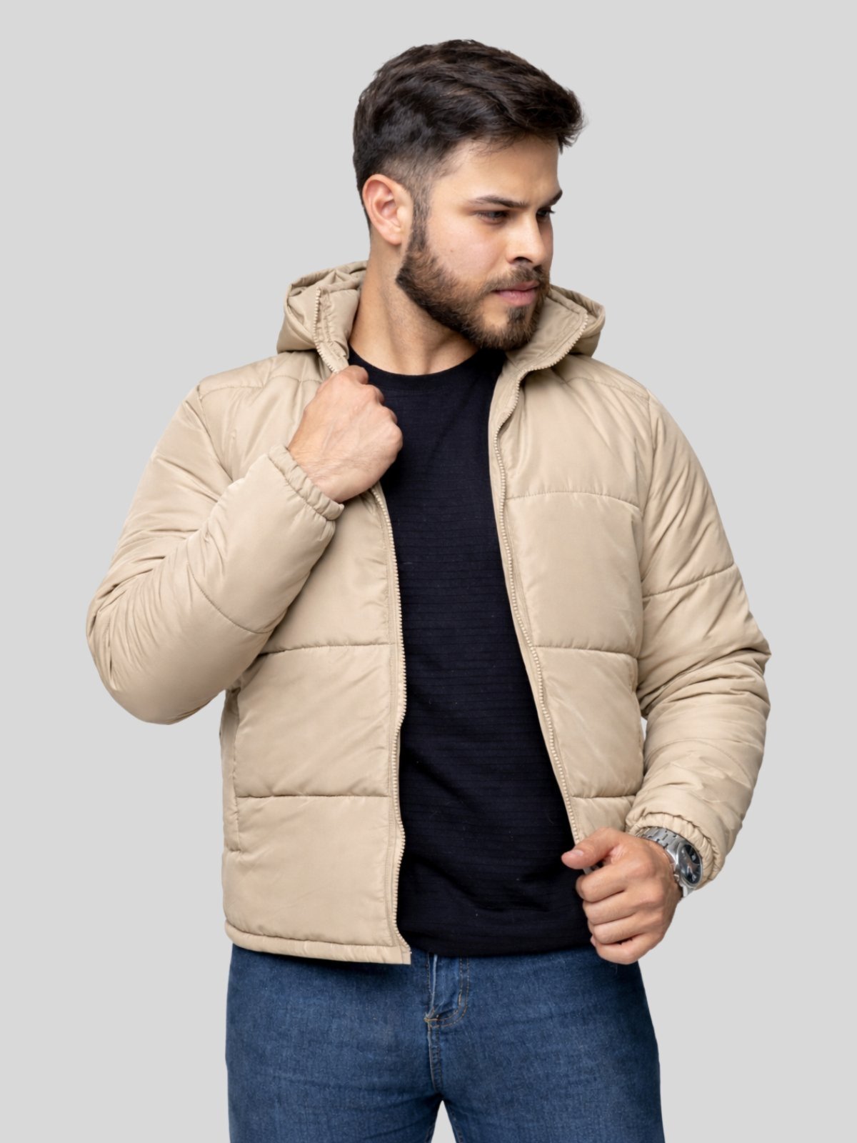 Jaqueta Puffer Bobojaco Masculina Com Capuz Removível Bege