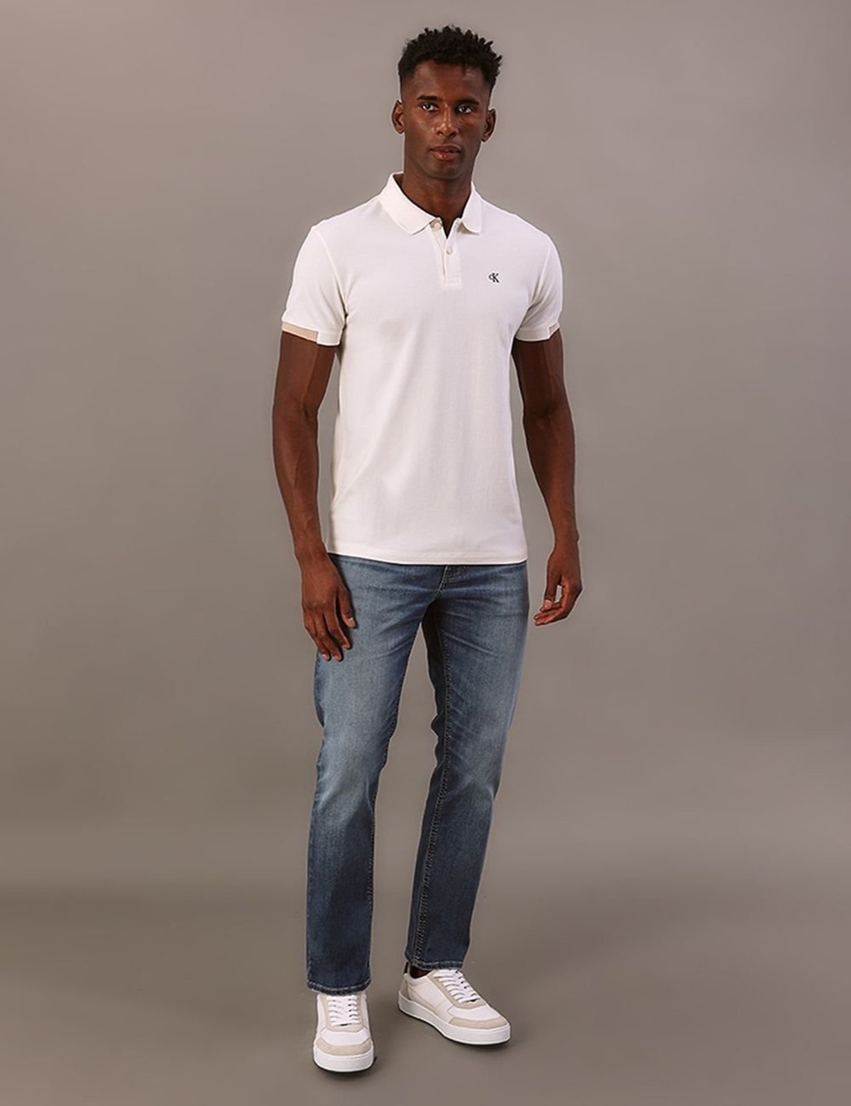 Polo Manga Curta Calvin Klein Jeans Slim Masculino Sport - Off White Calvin Klein Jeans