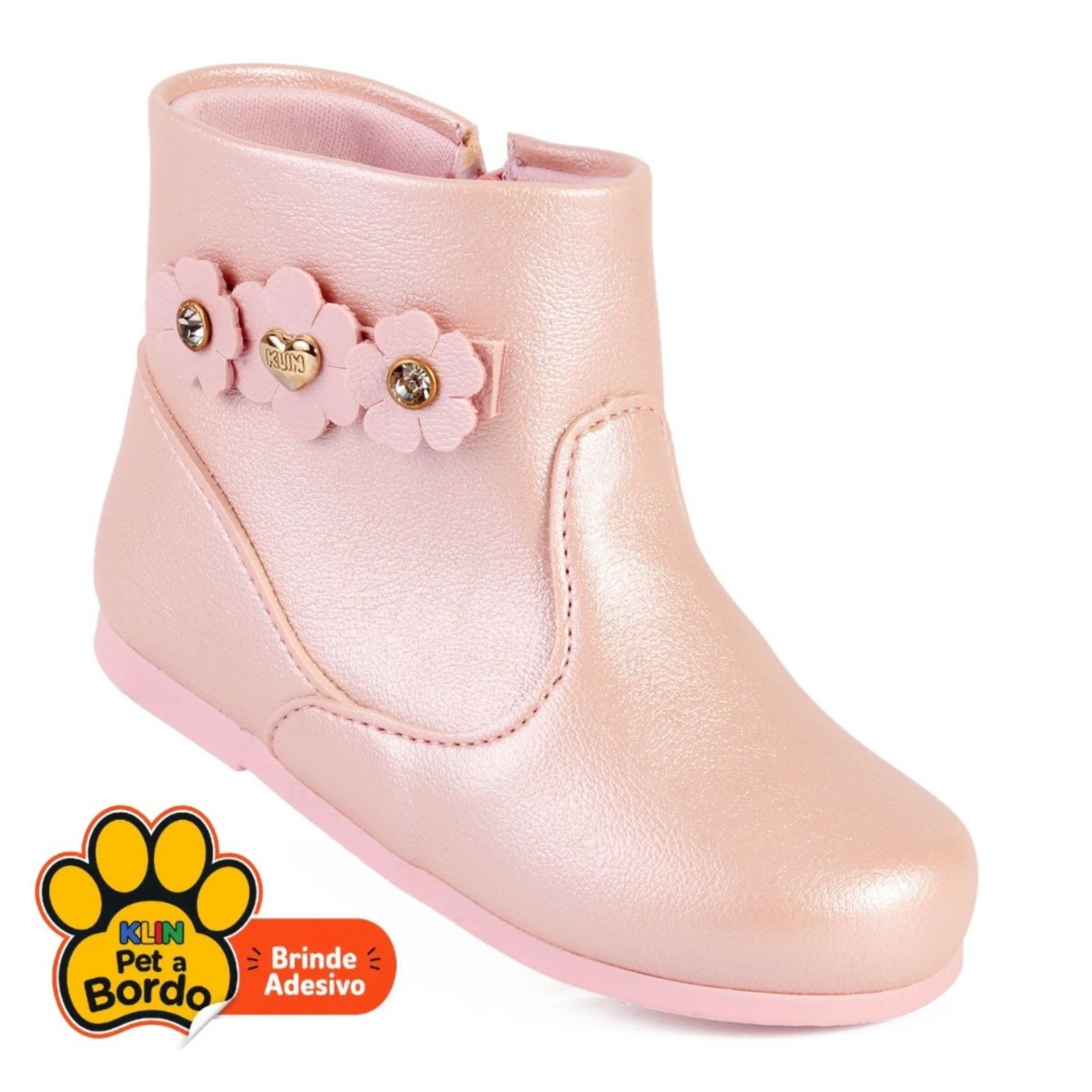 Infantil - Bota Menina Klin Miss Perolada Rosa com Flores e Zíper