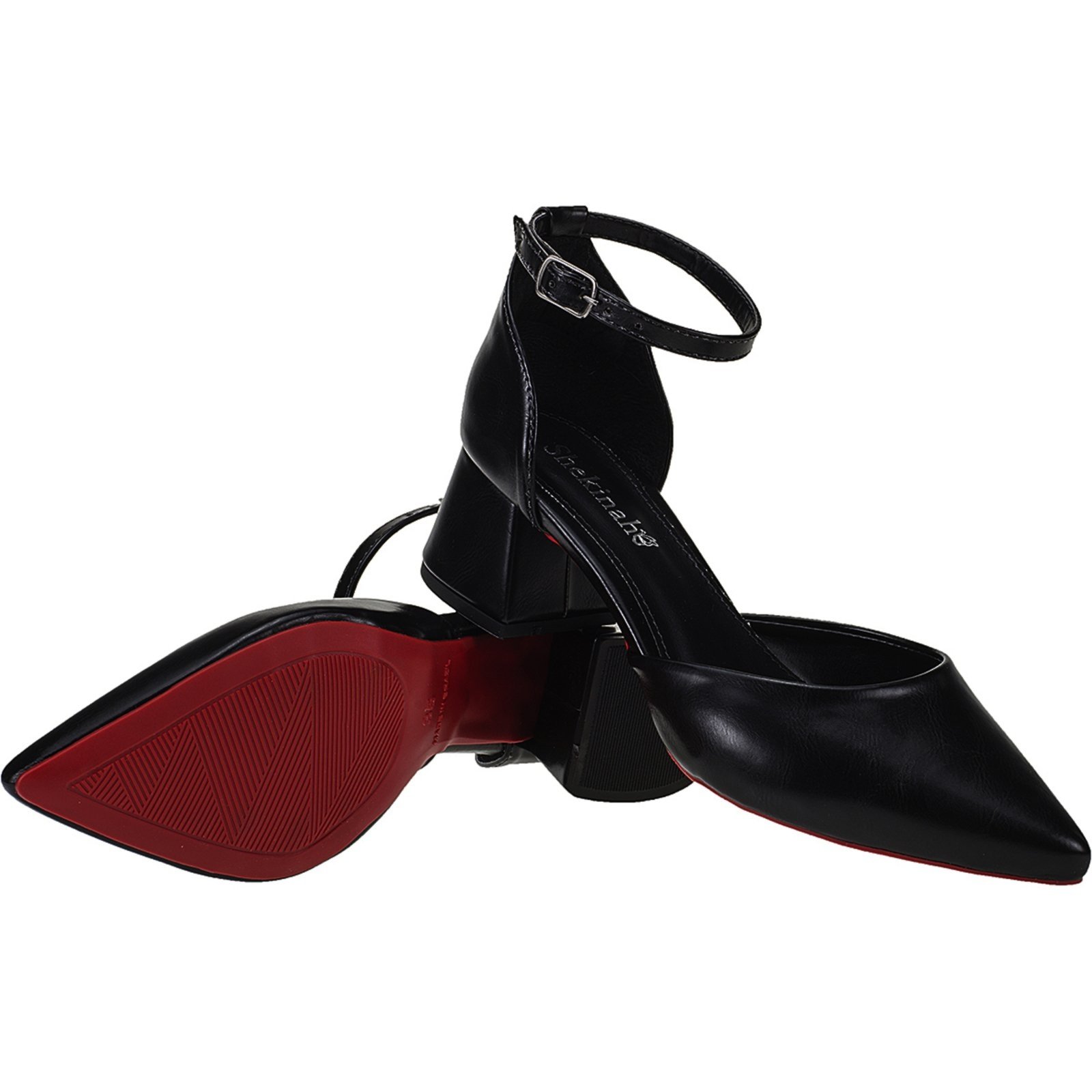 Scarpin Bico Fino Salto Bloco Saia e Blusa Salomé Shekinah Social Luxo Sola Vermelha Chic Preto