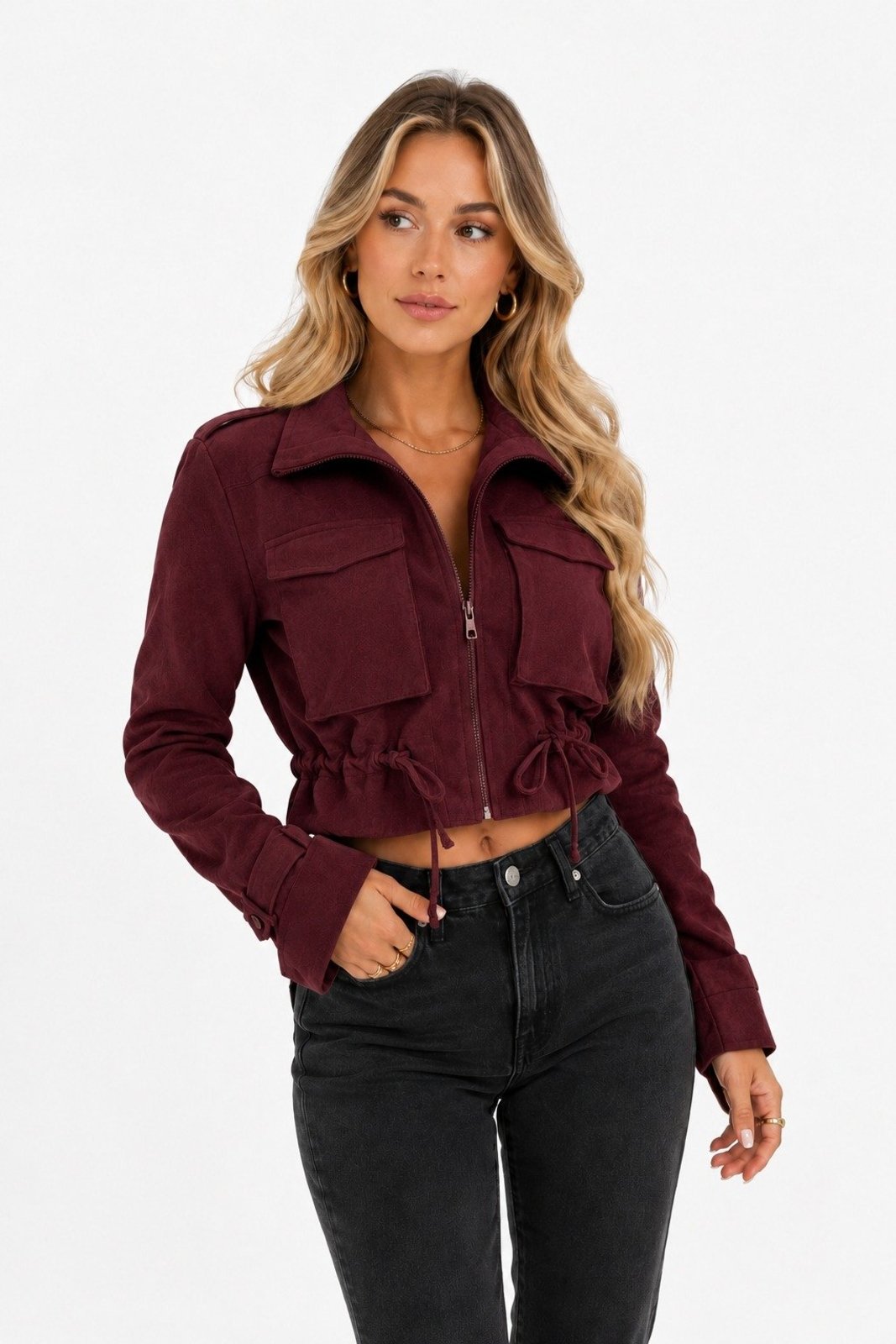 Jaqueta Feminina D Bell Outlet Fashion Bomber Suede Marsala