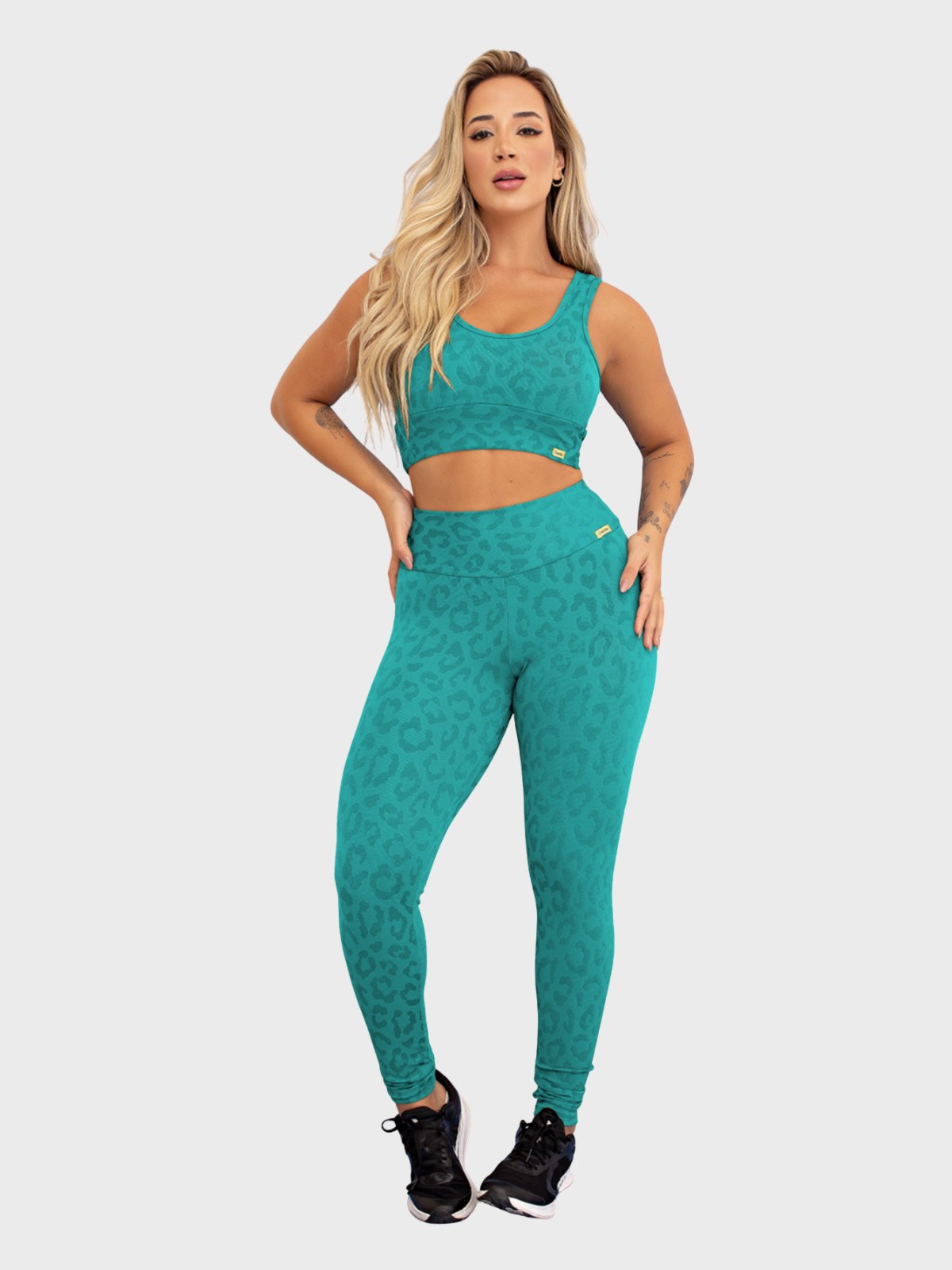 Conjunto Fitness Tarelles Top Calça Legging Textura Onça Verde Turquesa