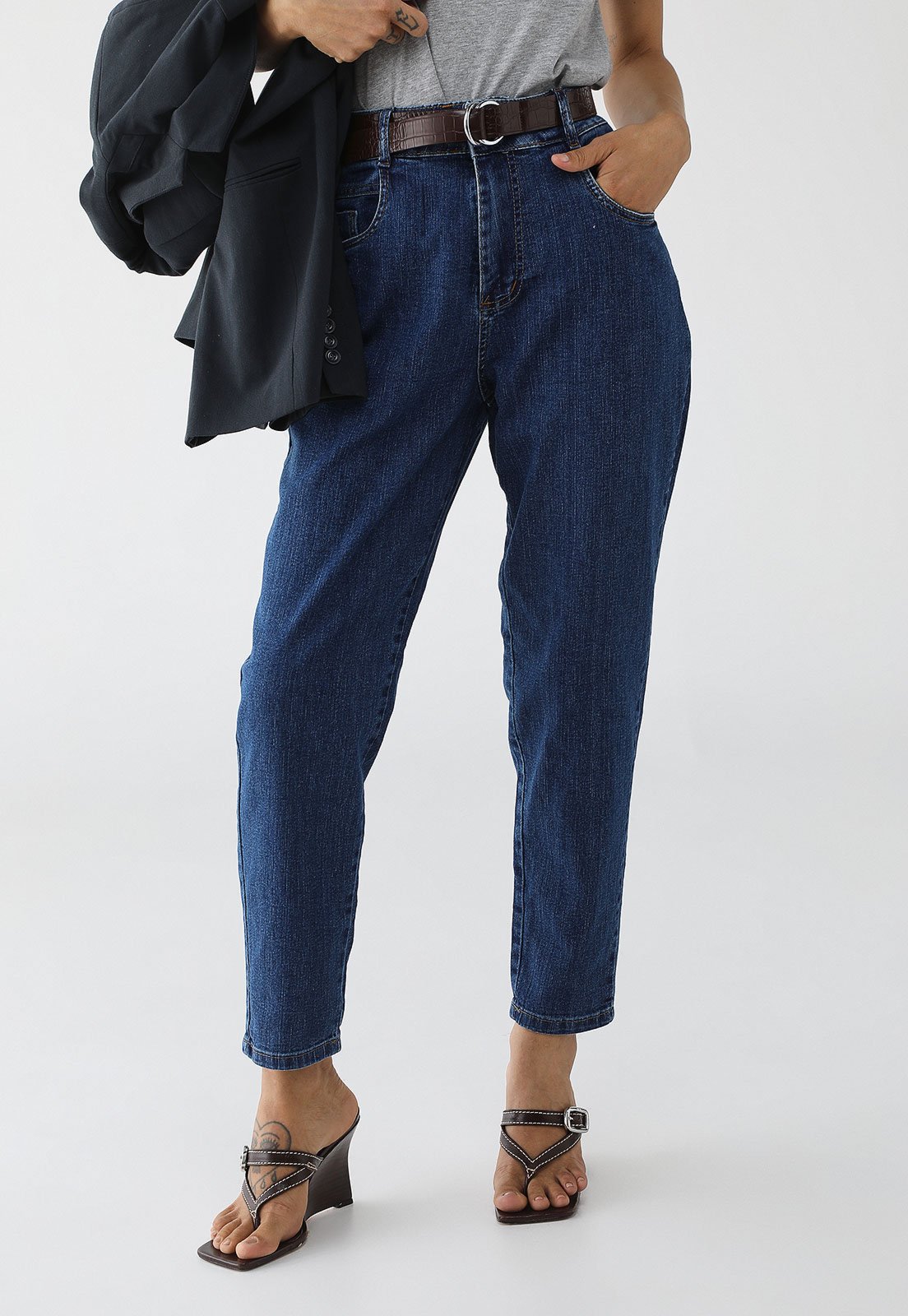 Calça Feminina Sawary Cintura Alta Jeans Azul Escura