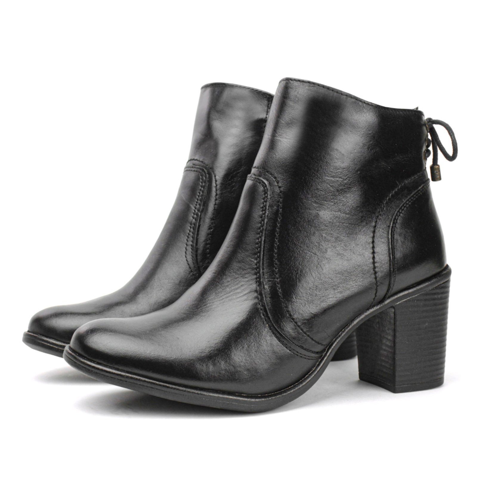 Bota Couro Feminina Cano Curto Salto Médio Bloco Fachete Amarração Casual Preto