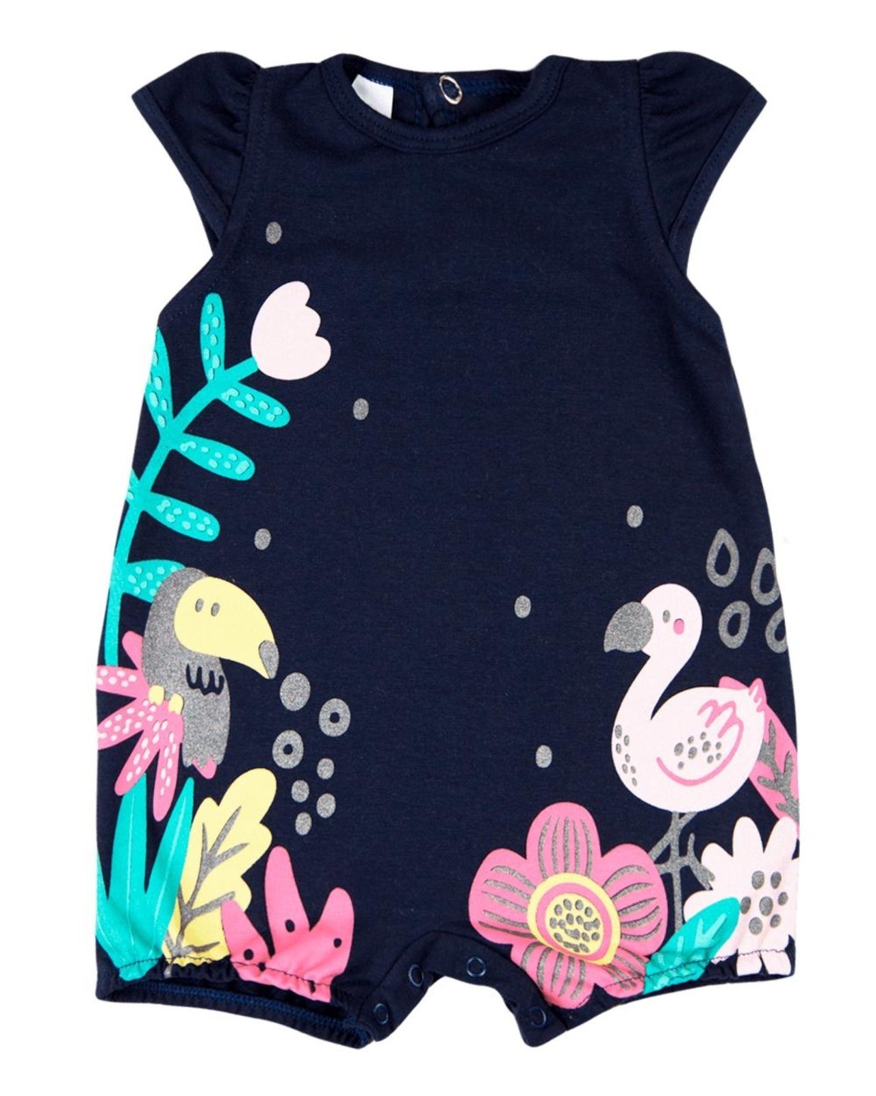 Infantil – Macacão Menina Verão Sem Mangas Suedine Silk Screen Tucano e Flamingo – Marinho