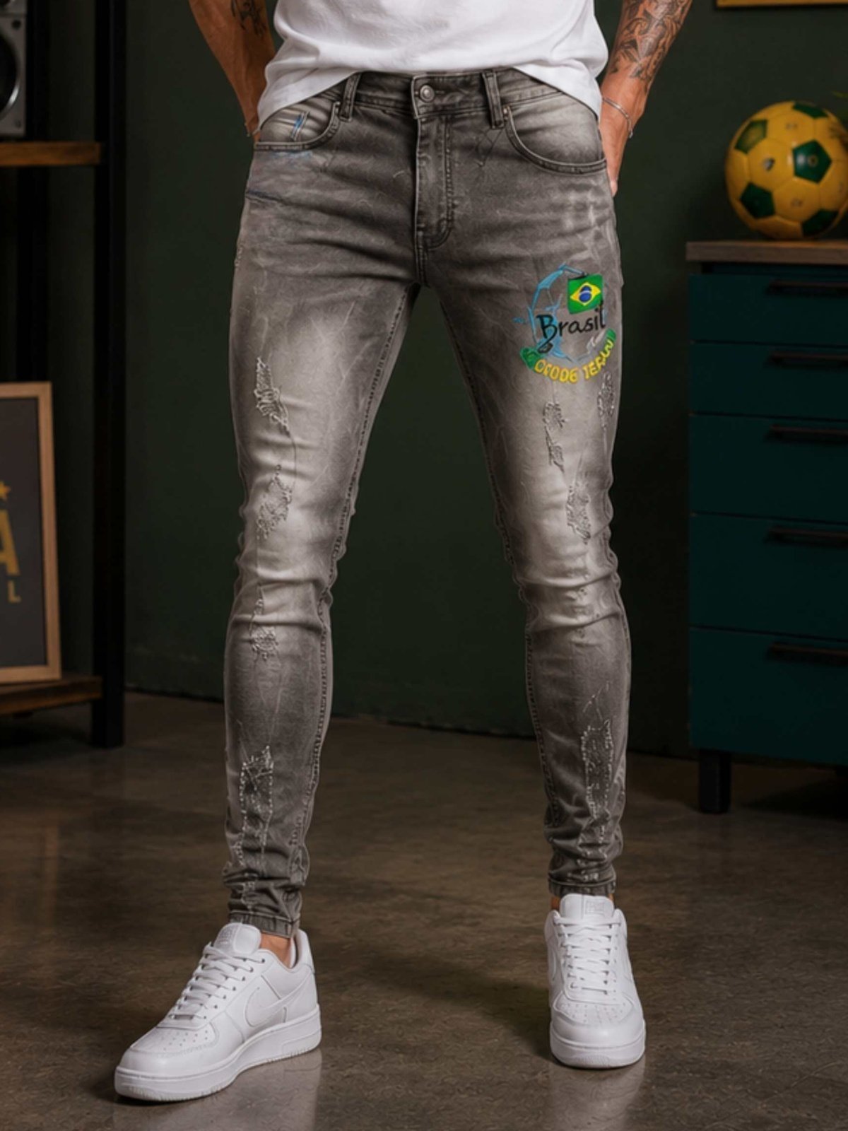 Calça Jeans Masculina Skinny Cinza Estonada Brasil com Bordado Premium