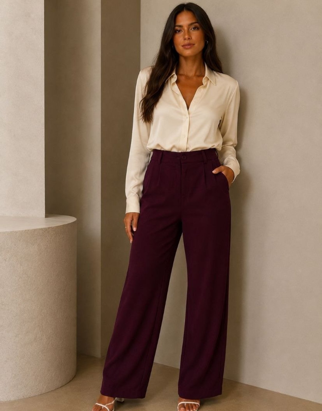 Calça Suede SKR Moda Feminina Pantalona Bordô Com Bolso Cintura Alta