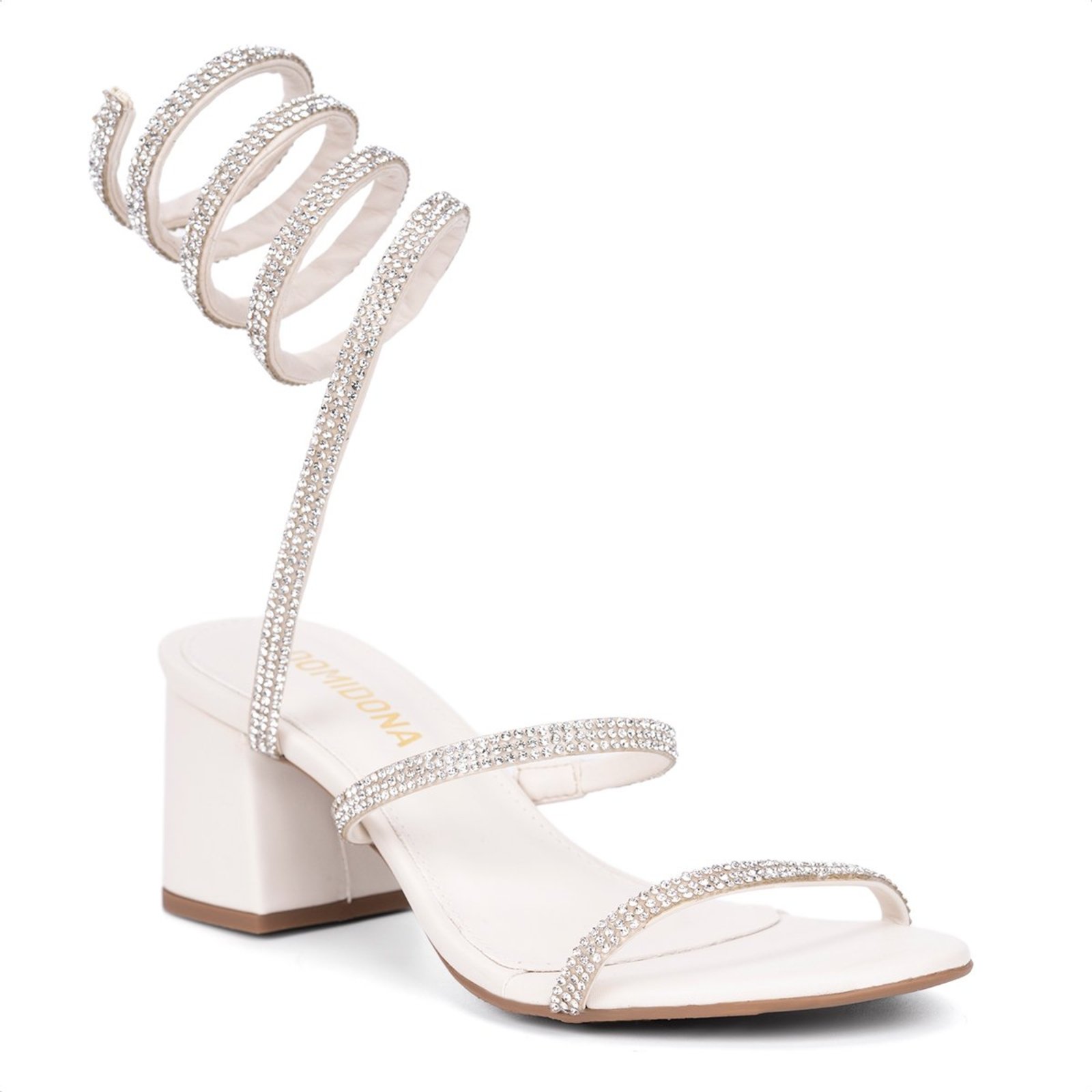 Sandalia Feminina Off-White Salto Bloco Espiral Strass Brilho Festa Domidona