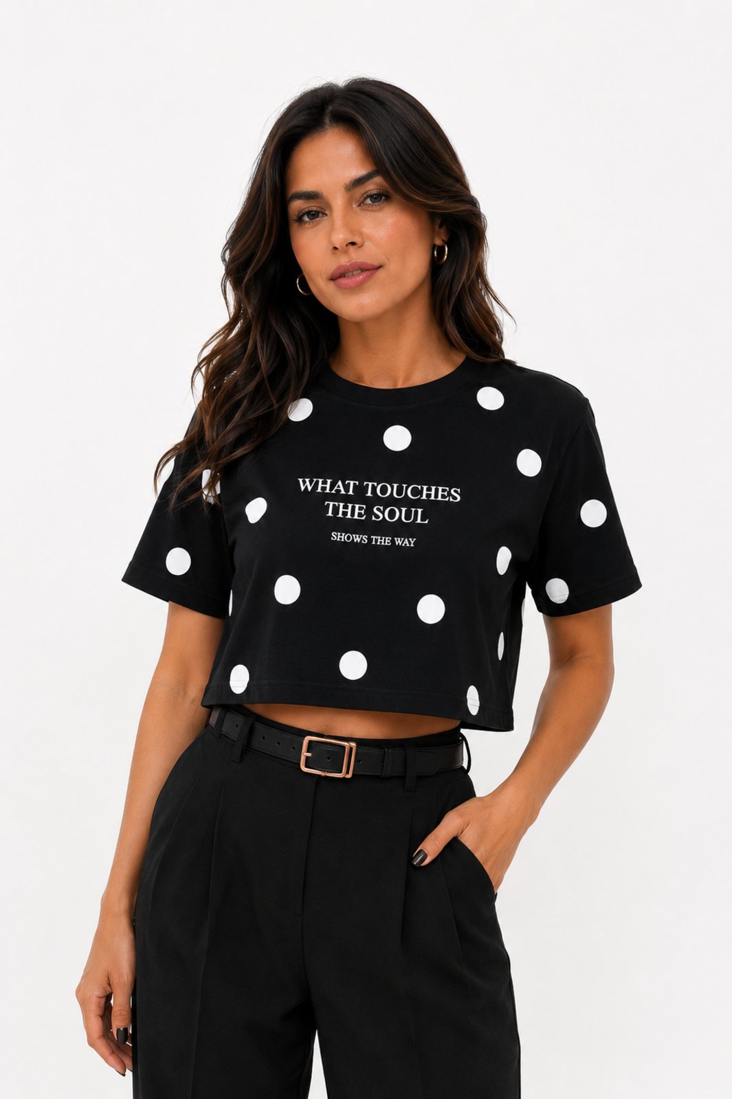 Camiseta Cropped D Bell Outlet Fashion Poá Preto