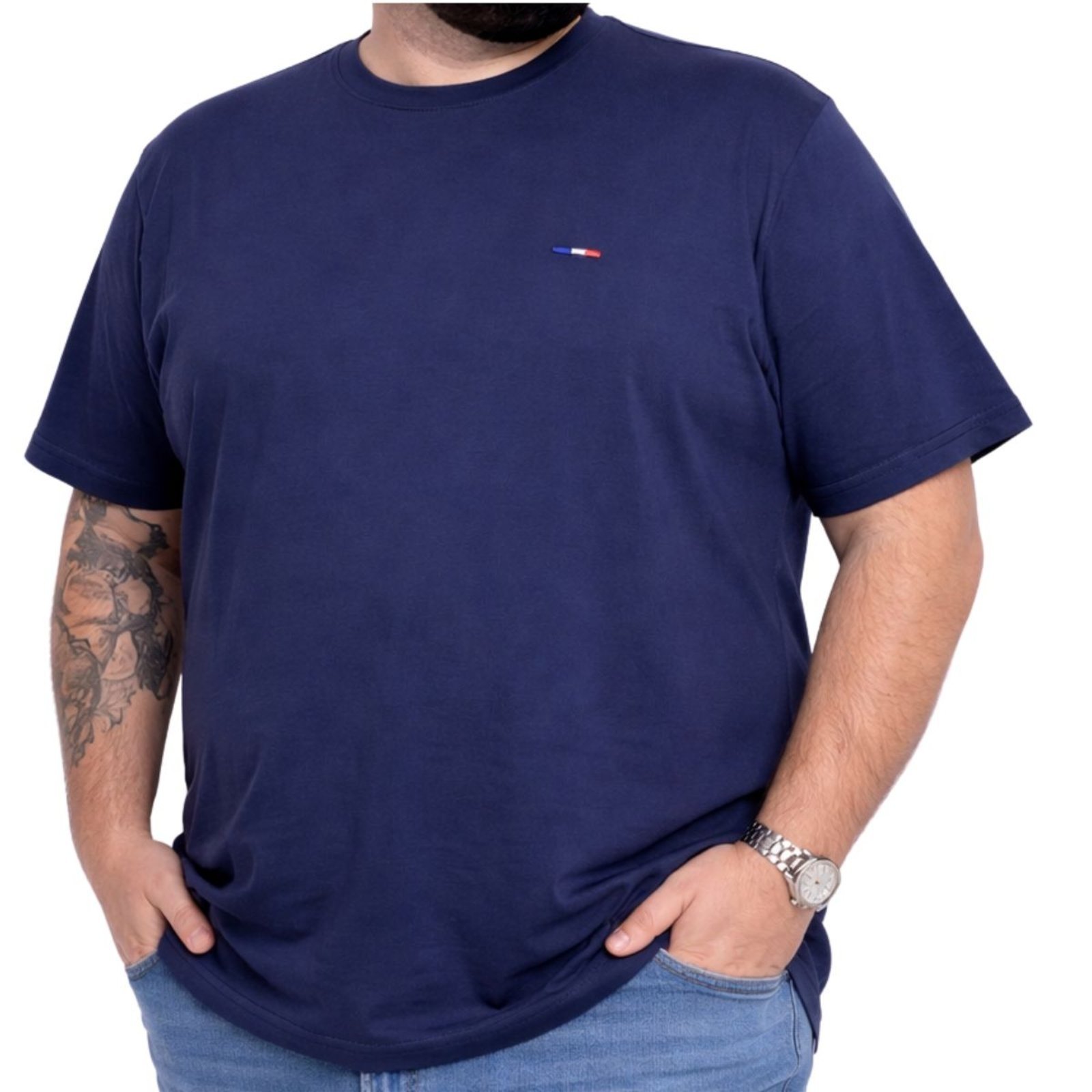 Camiseta Masculina Plus Size Básica Vih Triny Premium Azul Marinho Algodão Bordado Marfim
