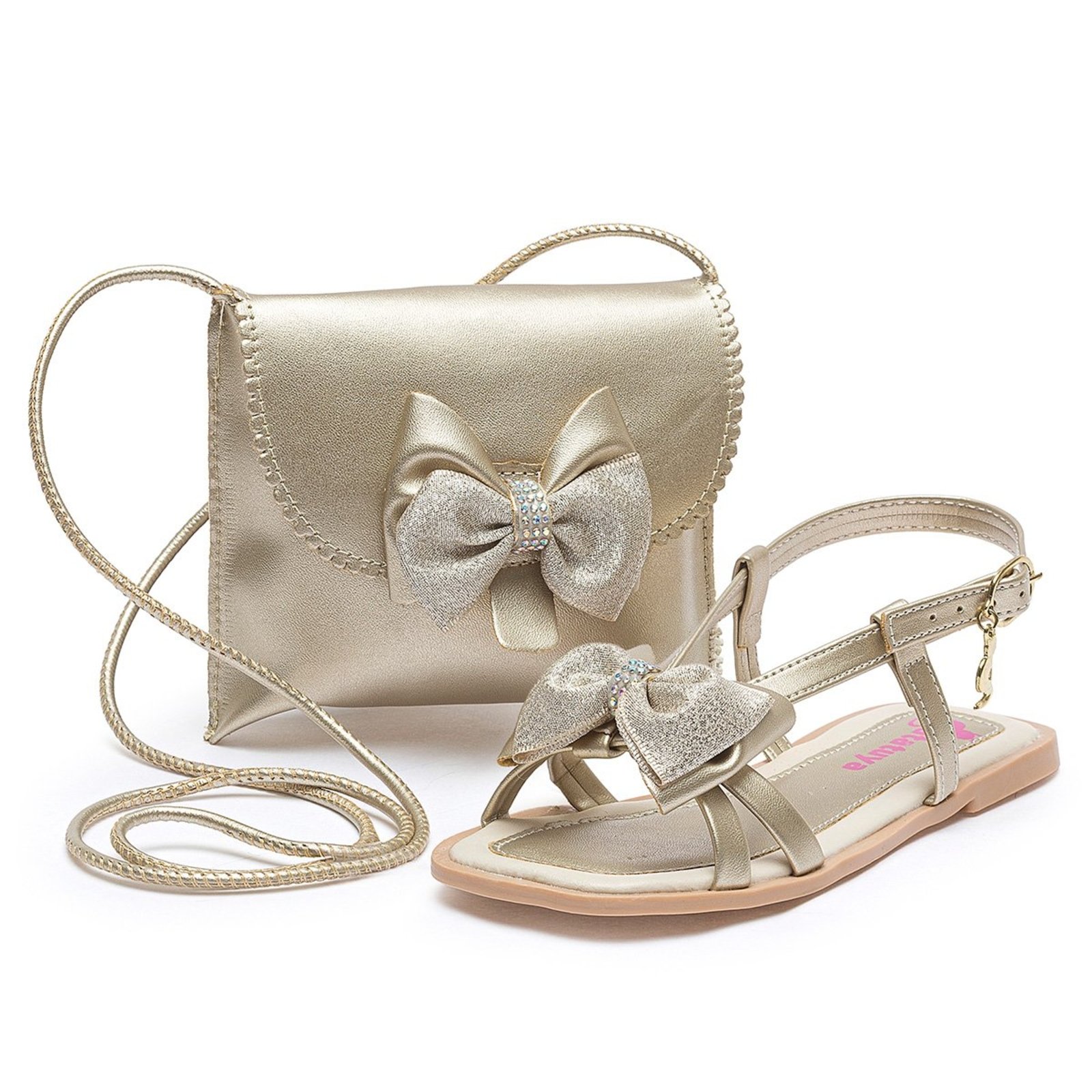Infantil - Kit Sandália Rasteirinha Feminina com Bolsa Dourado Laço Brilho Mzkid