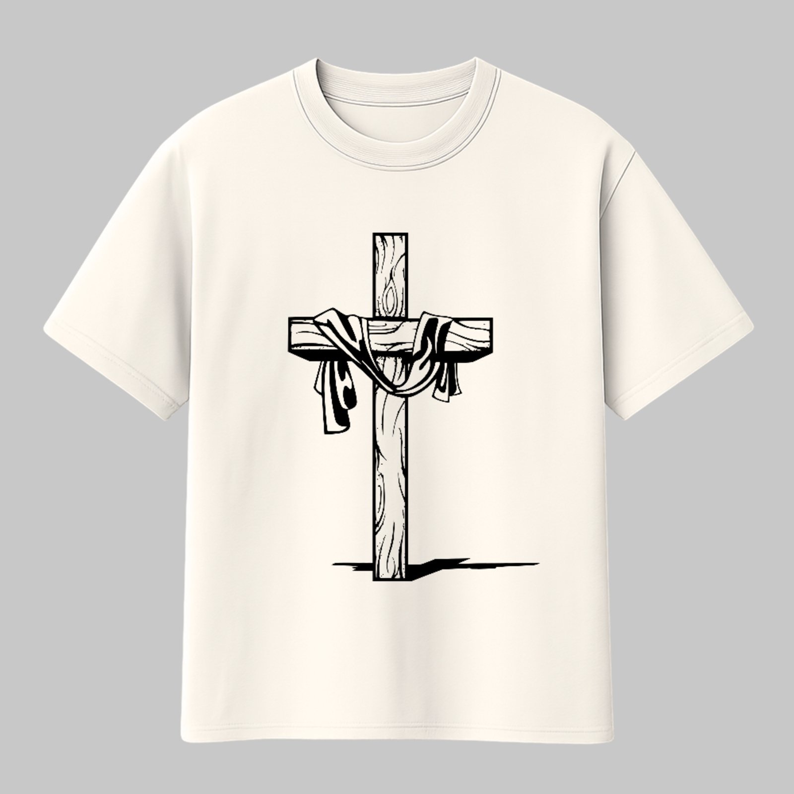 Camiseta Básica Cruz Com Manto Estilo Fé Cristã Minimalista Off White