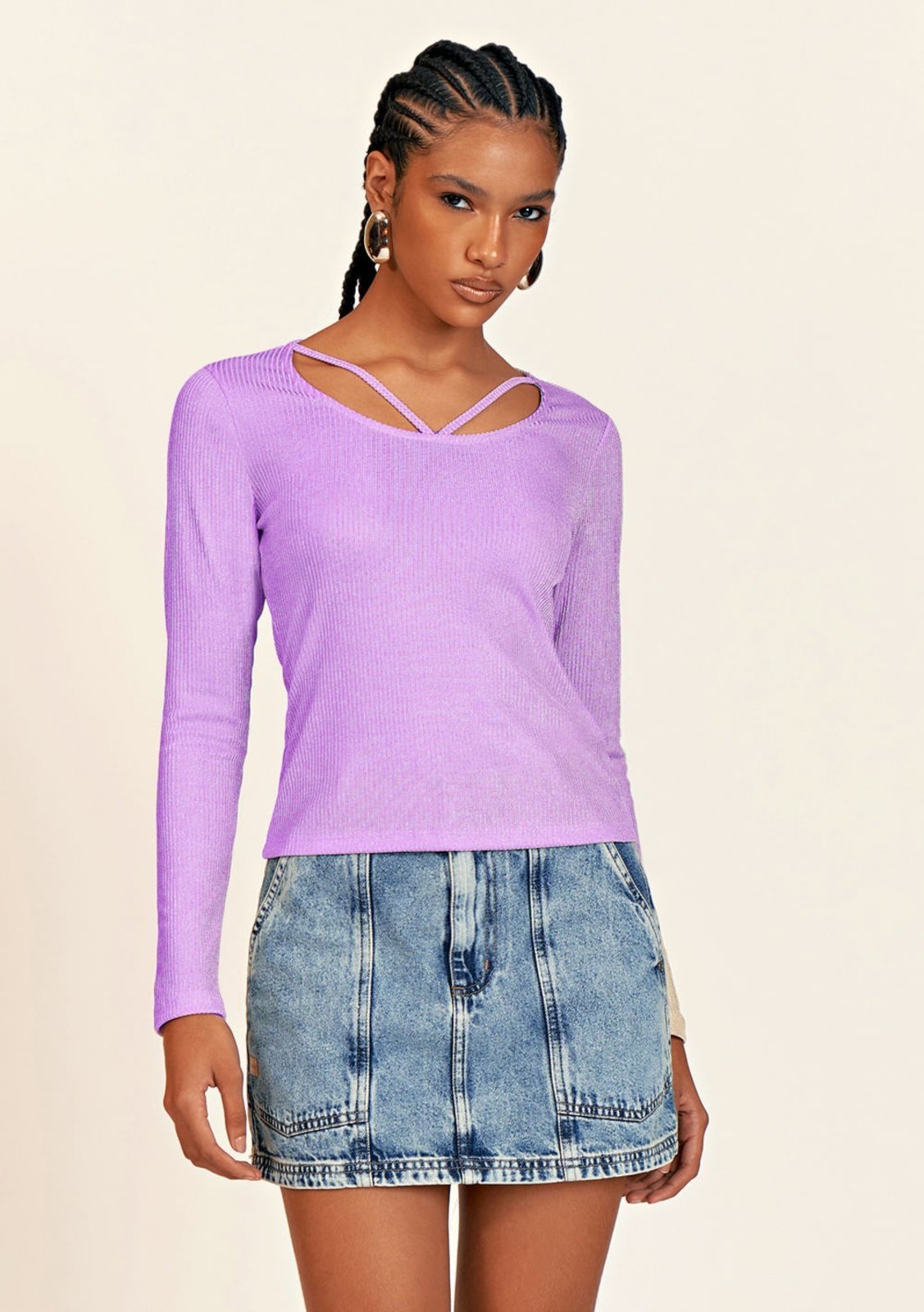 Blusa Zinco Decote U Manga Longa Detalhe Viés Lilás