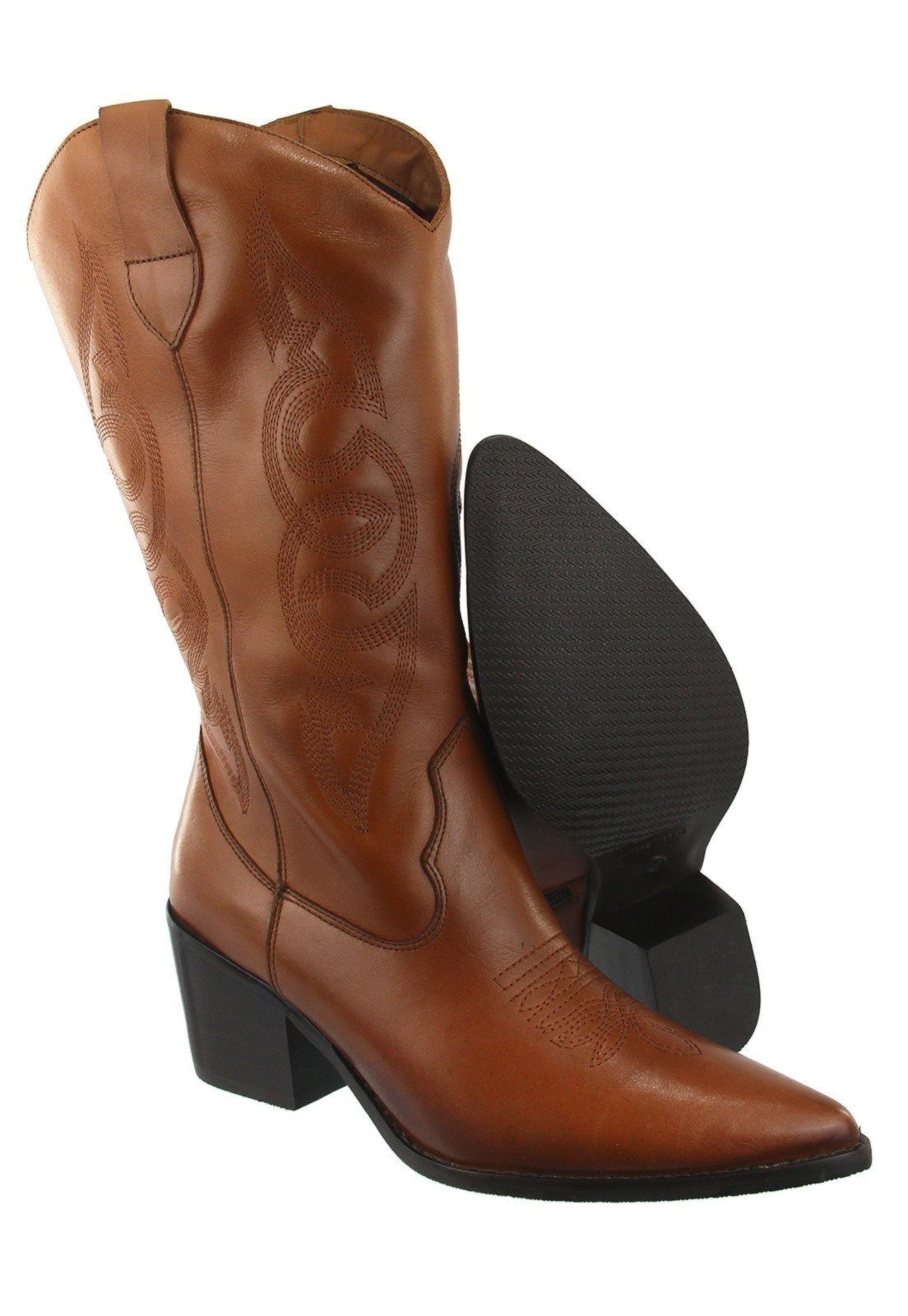 Bota Texana Western Country Em Couro Feminina Bico Fino Maria Paula Camel