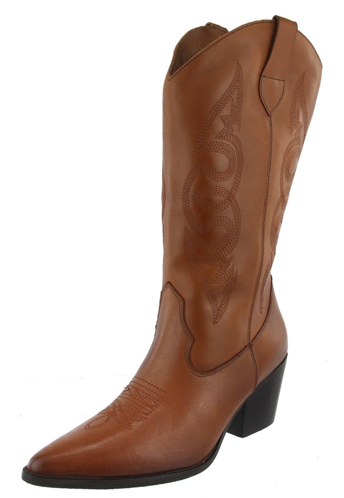 Vista 3 Bota Texana Western Country Em Couro Feminina Bico Fino Maria Paula Camel caramelo MARIA PAULA caramelo
