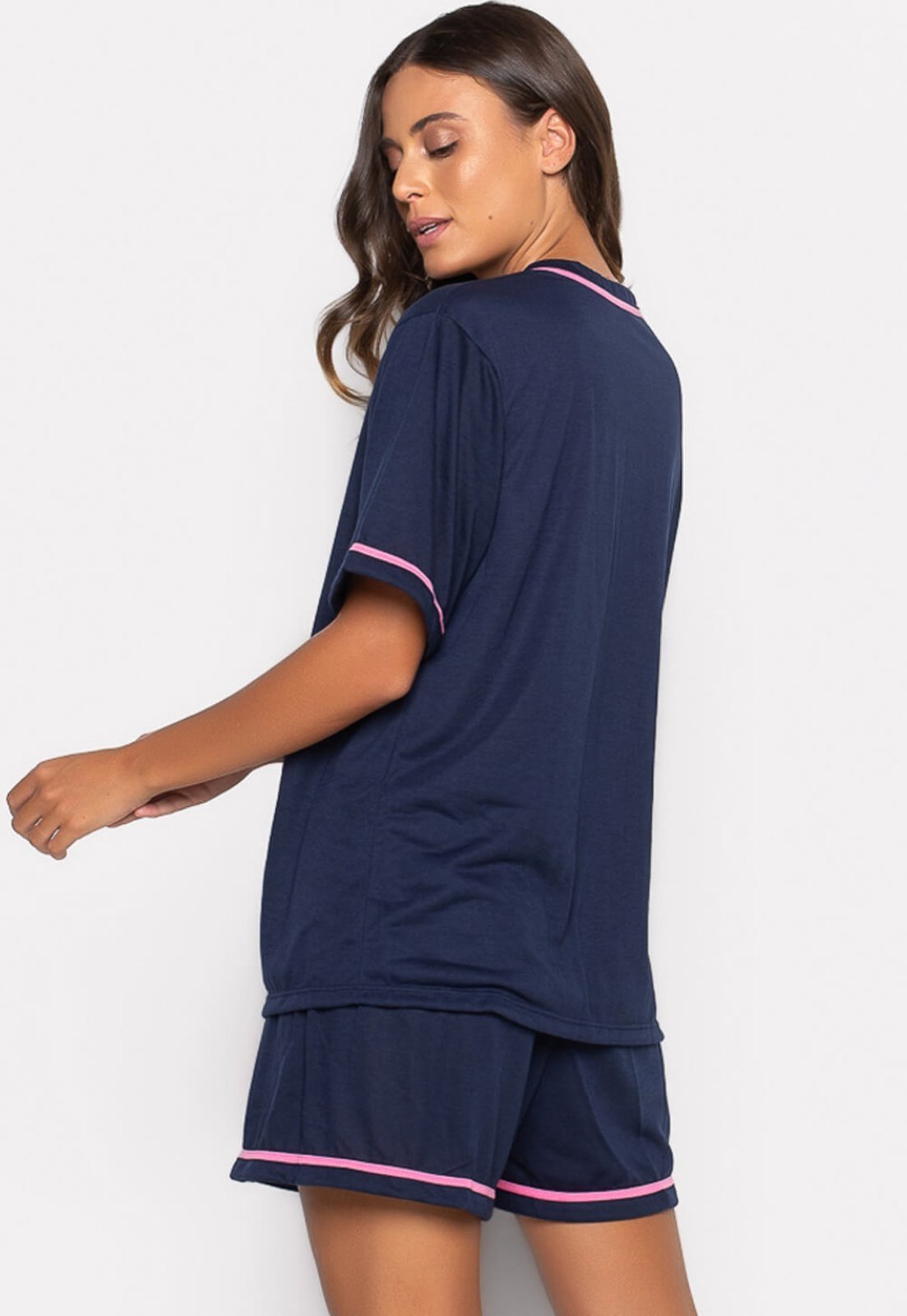 Vista 3 Pijama Blogueira Curto Botões Americano Amamentação Baby Doll Pós Operatório 041 Azul BRAVAA STORE azul marinho BRAVAA STORE azul marinho