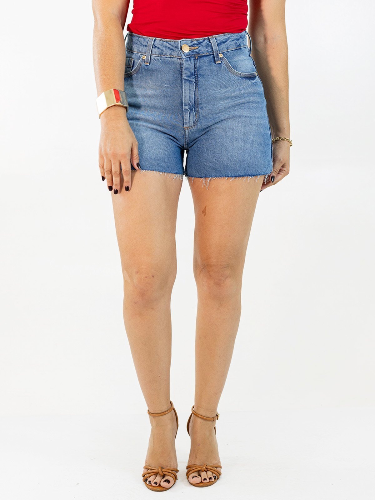 Short Feminino Jeans Azul Cintura Alta Barra Desfiada Anticorpus