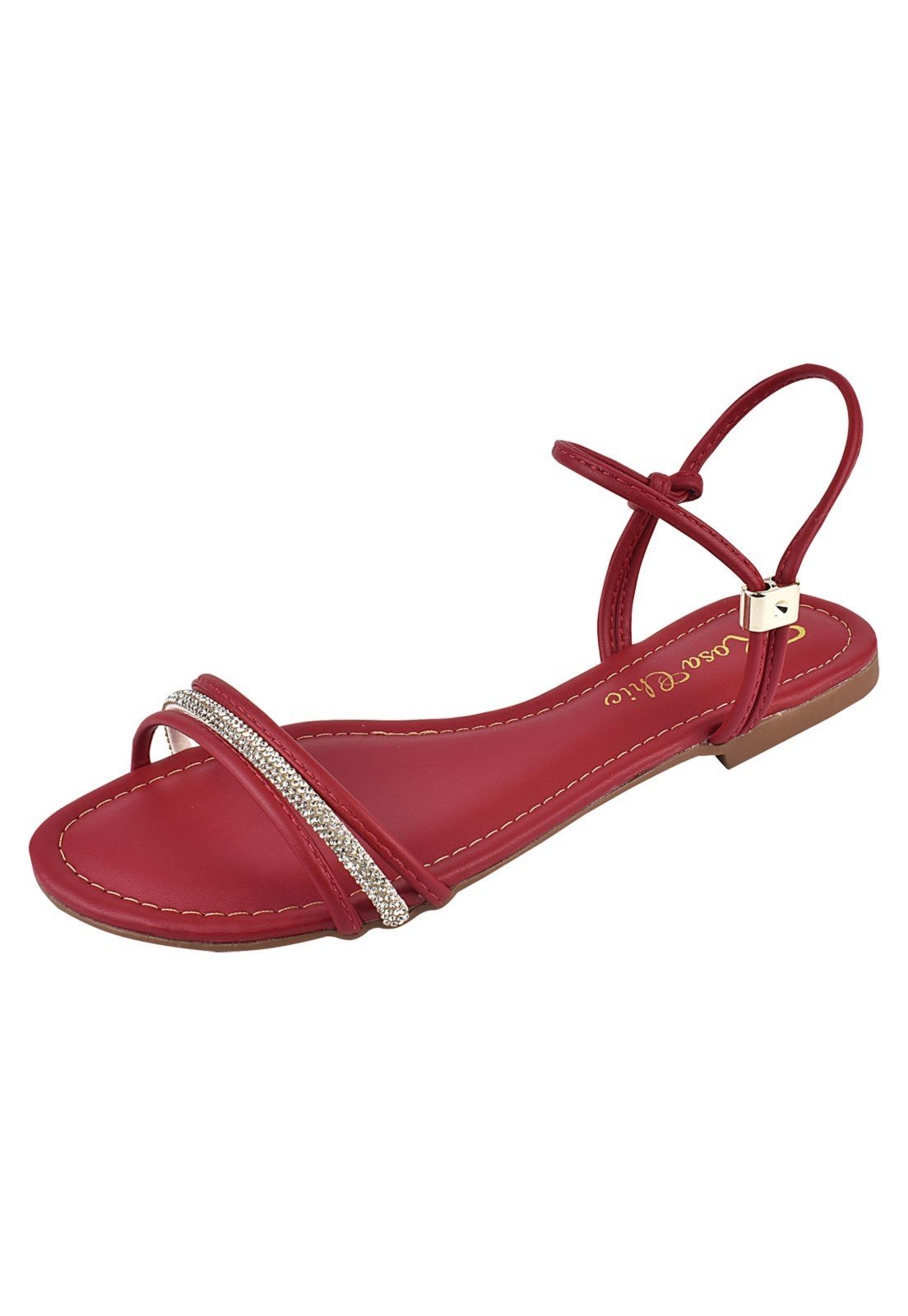 Rasteirinha Rosa Chic Calçados Sandália Feminina Flat Calce Fácil Strass Brilho Vermelho