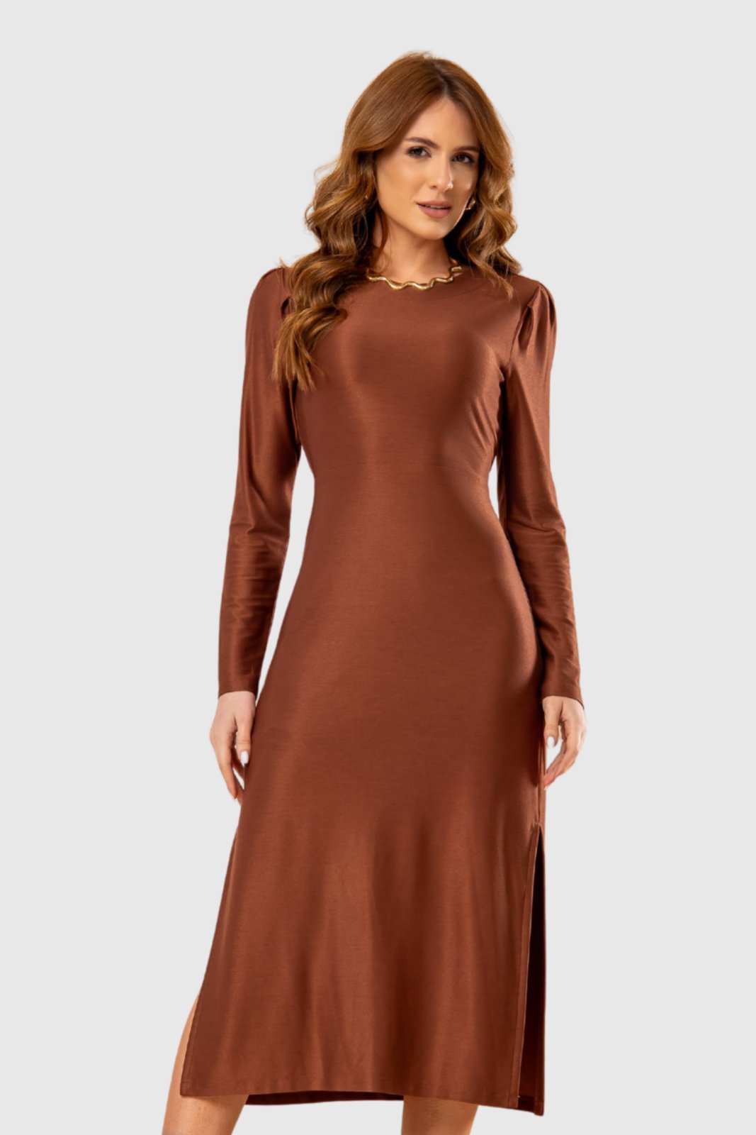 Vestido Feminino Amora Café Midi Chic Marrom
