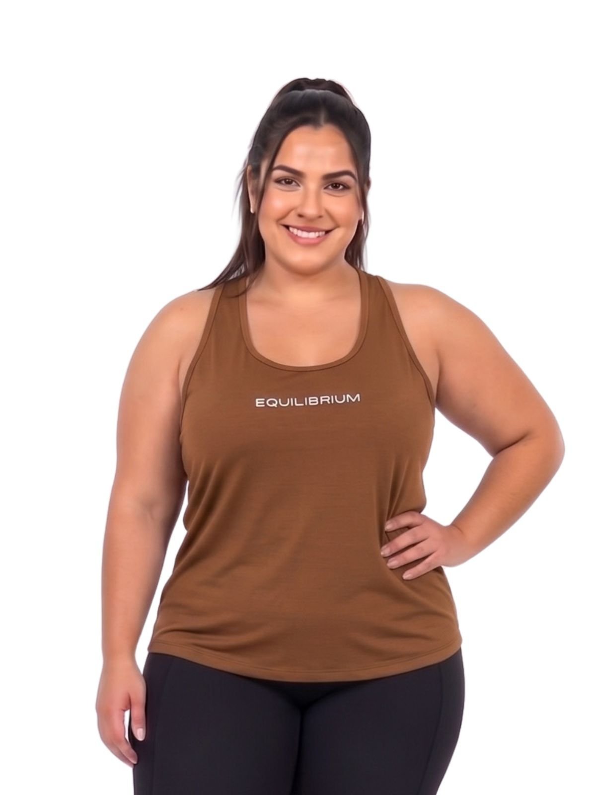 Camiseta Regata Feminina Plus Size Equilibrium Sallada Mista Treino Academia Marrom