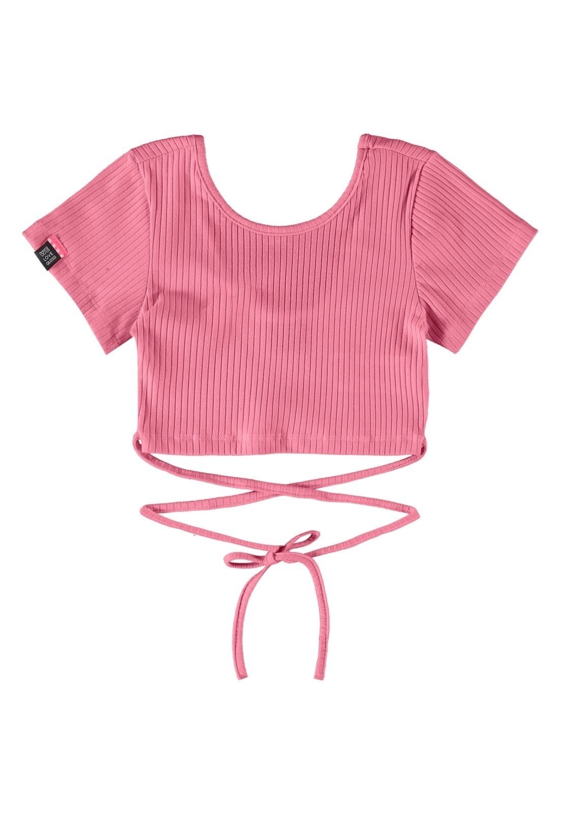 Vista 3 Infantil - Blusa Básica Manga Curta Cropped em Ribana Gloss Rosa Pink pink rosa Gloss pink rosa