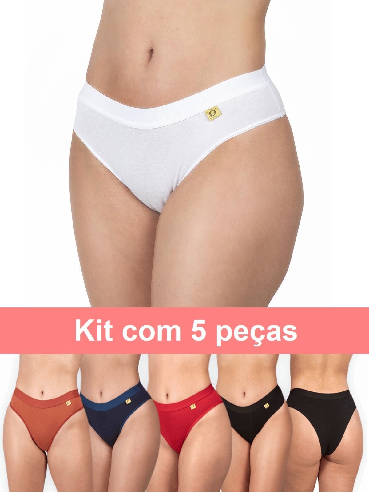 Kit 5 Calcinha De Algodão Lisa Cintura Alta Cós Em Elástico Multicolorido