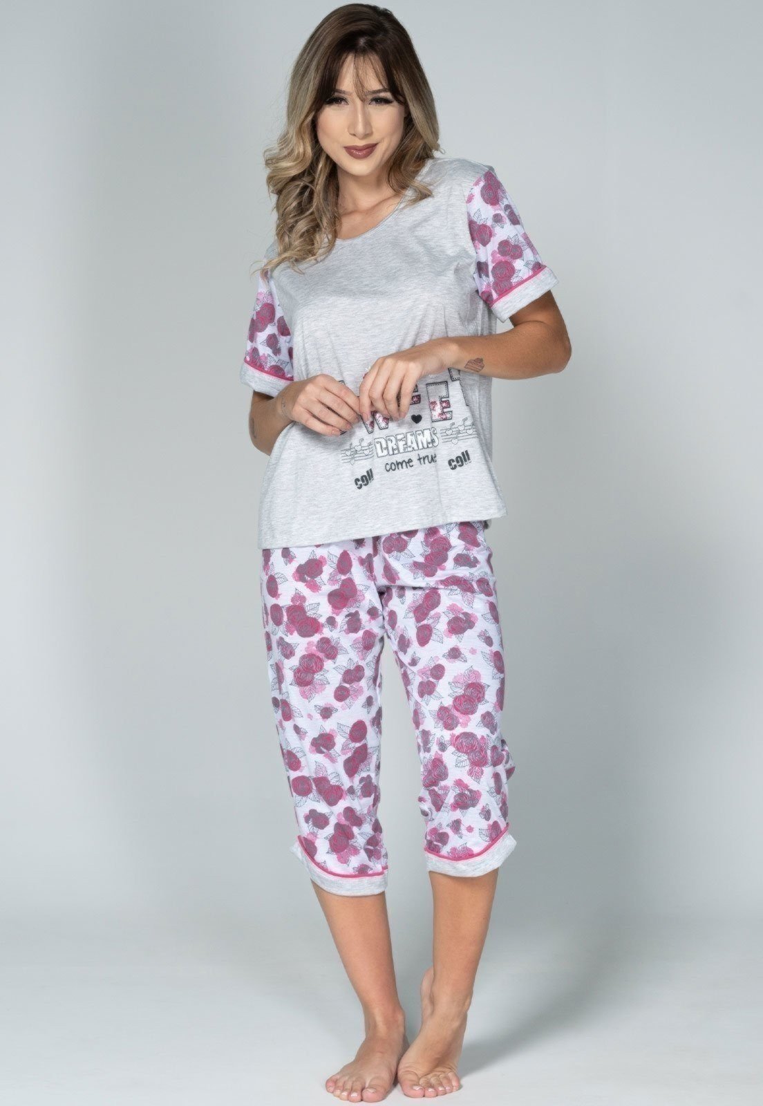 Pijama Feminino WLS Modas Bermuda e Manga Curta Pescador Cinza