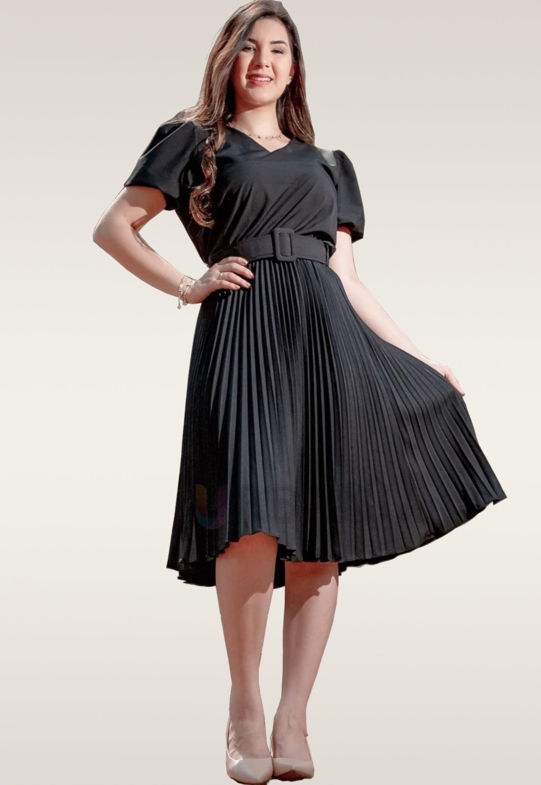 Vestido Plissado Manga princesa Bufante Preto Urbania