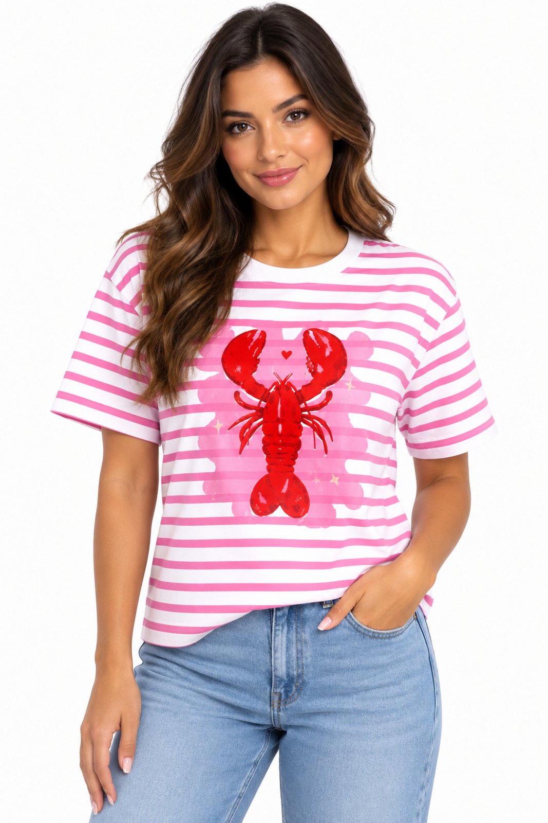 Camiseta Feminina D Bell Outlet Fashion Listrada Estampa Lagosta Rosa