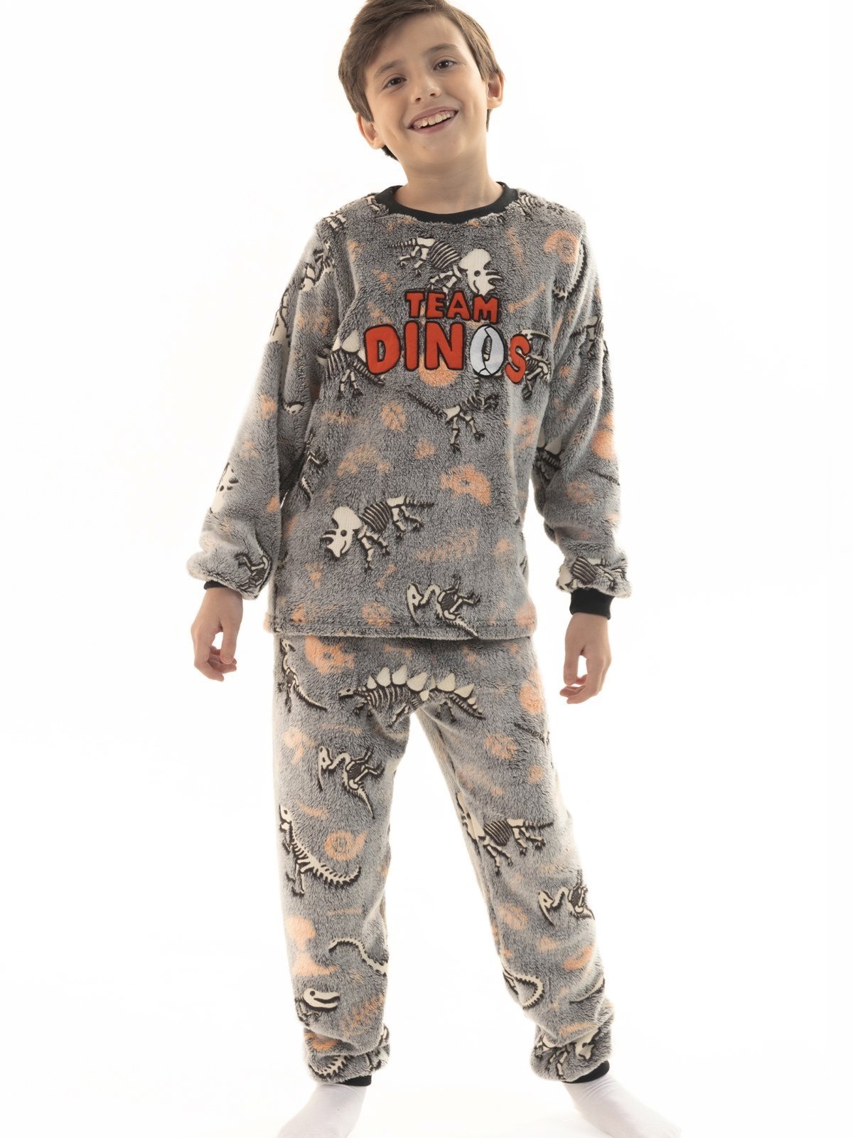 Pijama de Inverno Menino em Soft Fleece Peluciado Quentinho Brilha no Escuro Dino Laranja